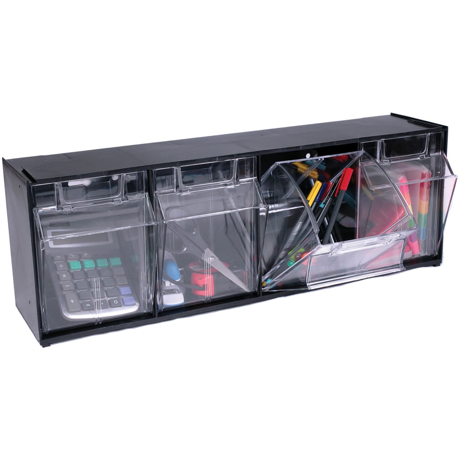 Deflecto Interlocking Horizontal Tilt Bin, 4 Bins, Medium Size, 8 1/8in x 23 5/8in x 6 5/8in, Black/Clear - Image 4