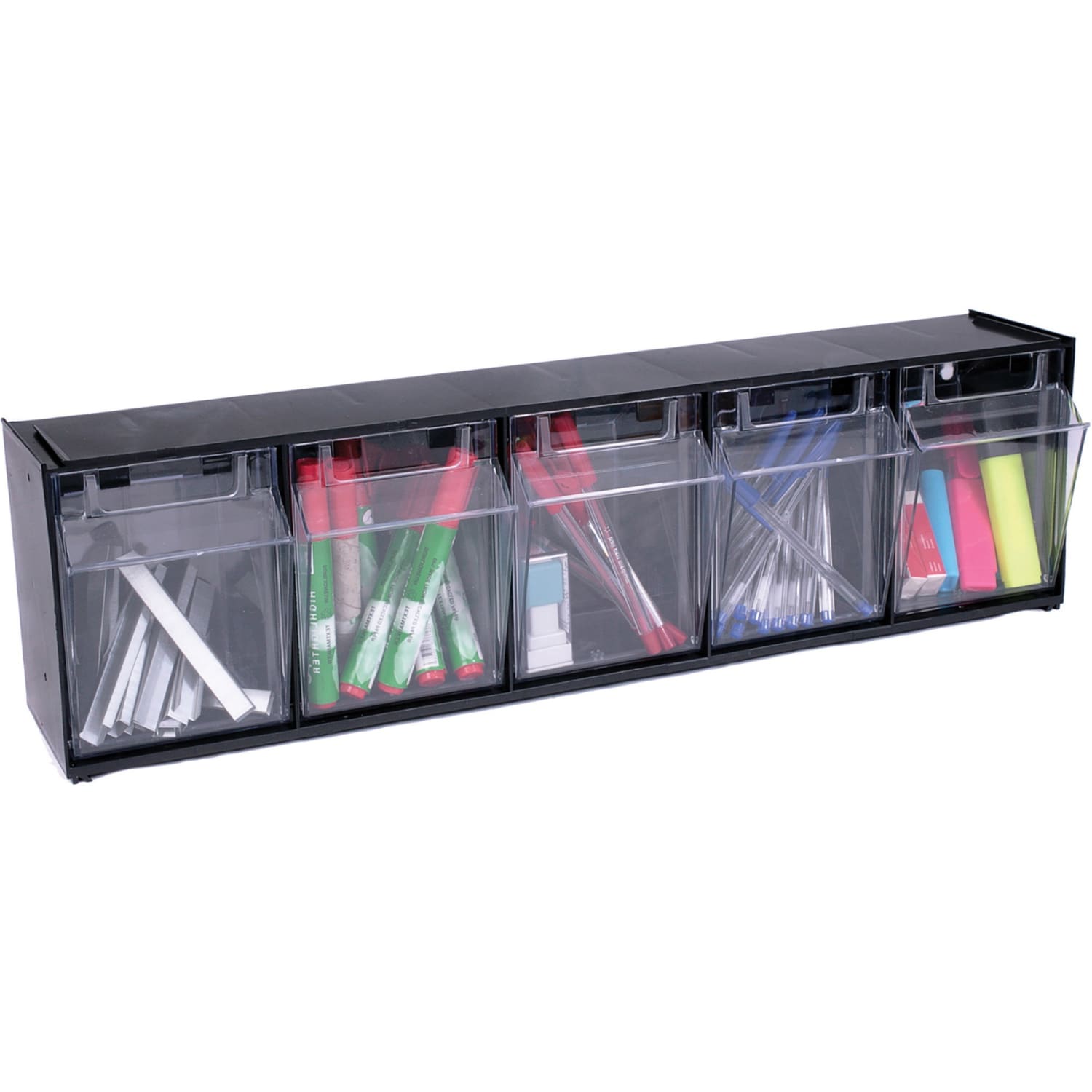 Deflecto Interlocking Horizontal Tilt Bin, 5 Bins, Small Size, 5 1/4in x 23 5/8in x 6 1/2in, Black/Clear - Image 4