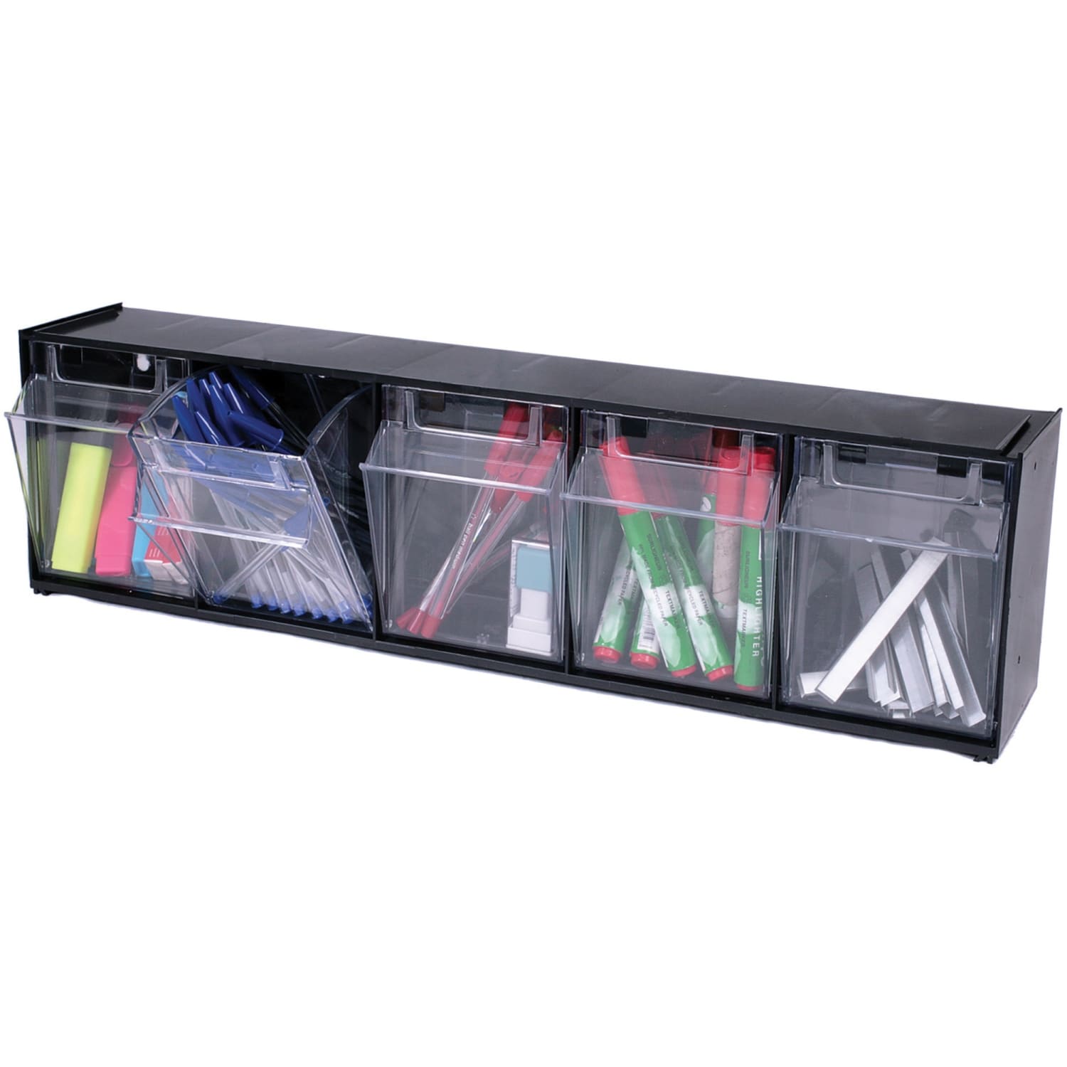 Deflecto Interlocking Horizontal Tilt Bin, 5 Bins, Small Size, 5 1/4in x 23 5/8in x 6 1/2in, Black/Clear - Image 5