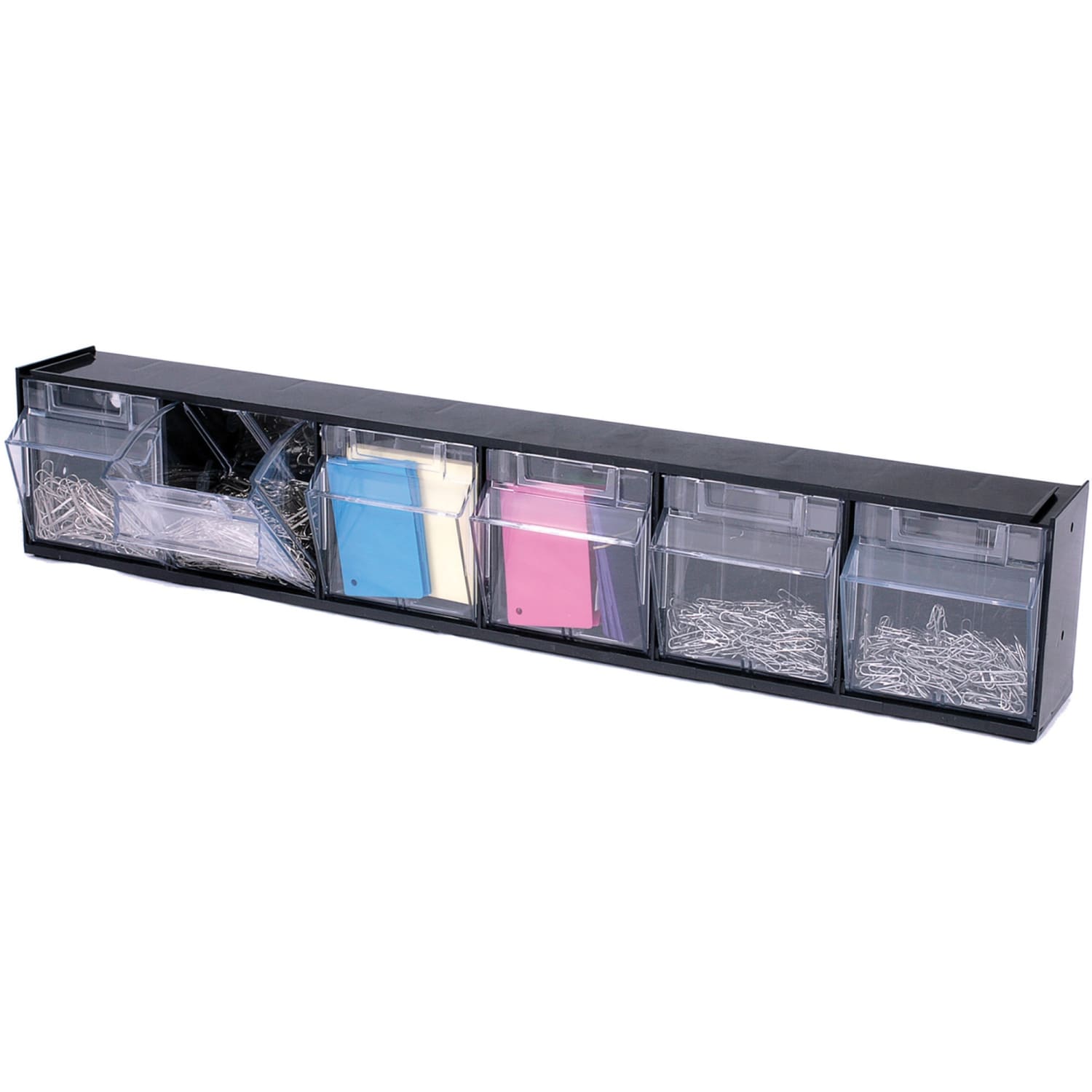 Deflecto Interlocking Horizontal Tilt Bin, 6 Bins, Small Size, 4 1/2in x 23 5/8in x 3 5/8in, Black/Clear - Image 5