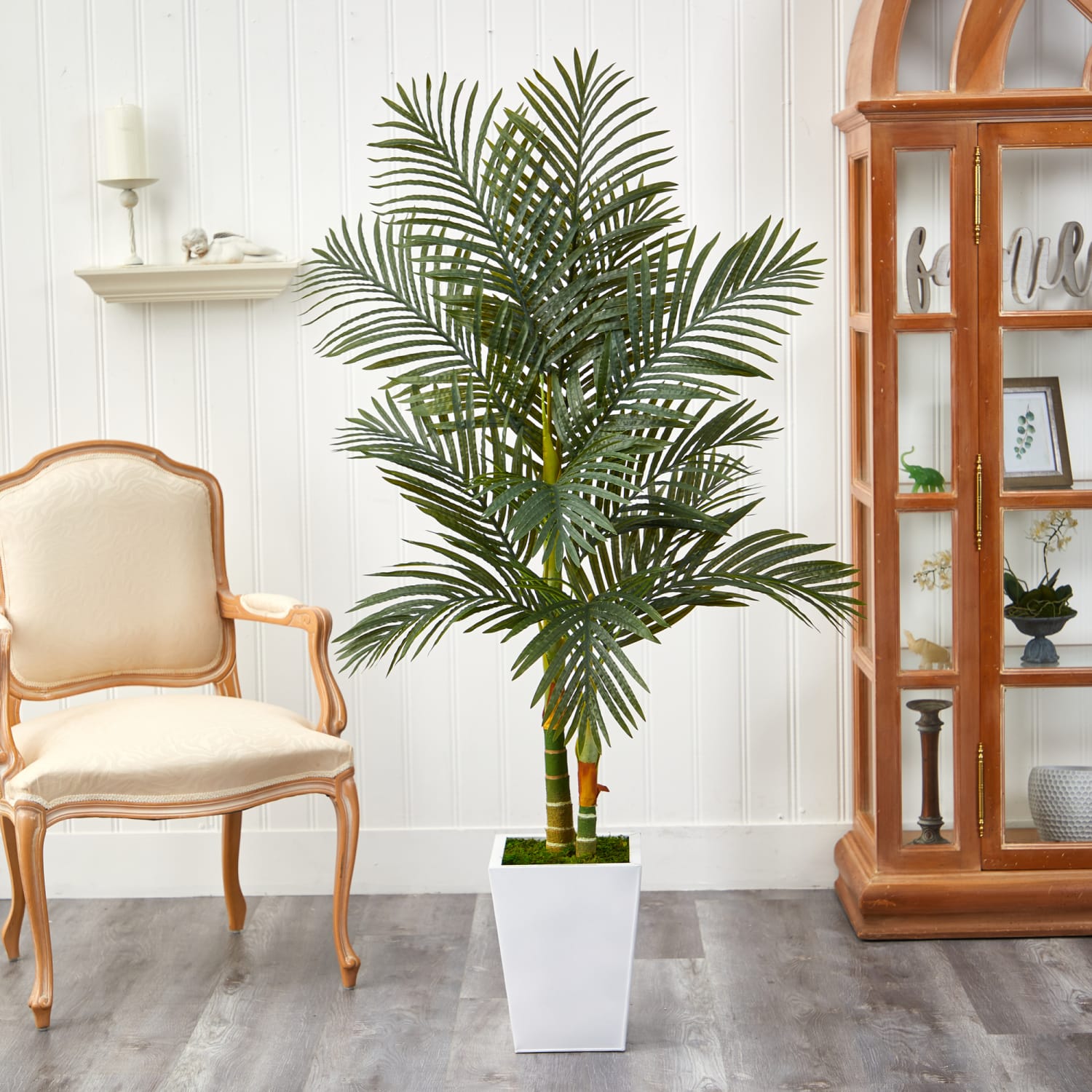 Nearly Natural Golden Cane Palm 66inH Artificial Plant With Metal Planter, 66inH x 23inW x 21inD, Green/White - Image 4