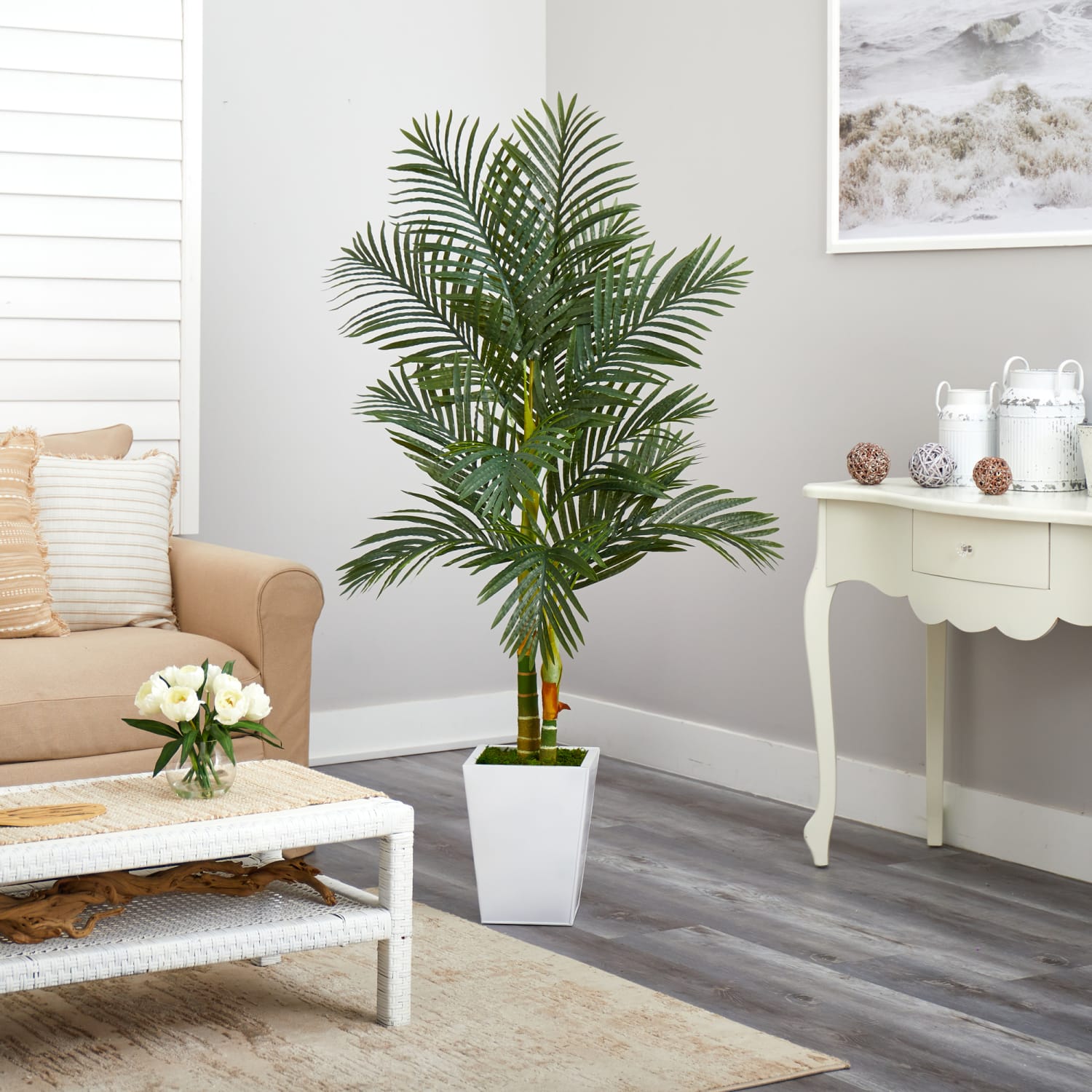 Nearly Natural Golden Cane Palm 66inH Artificial Plant With Metal Planter, 66inH x 23inW x 21inD, Green/White - Image 5