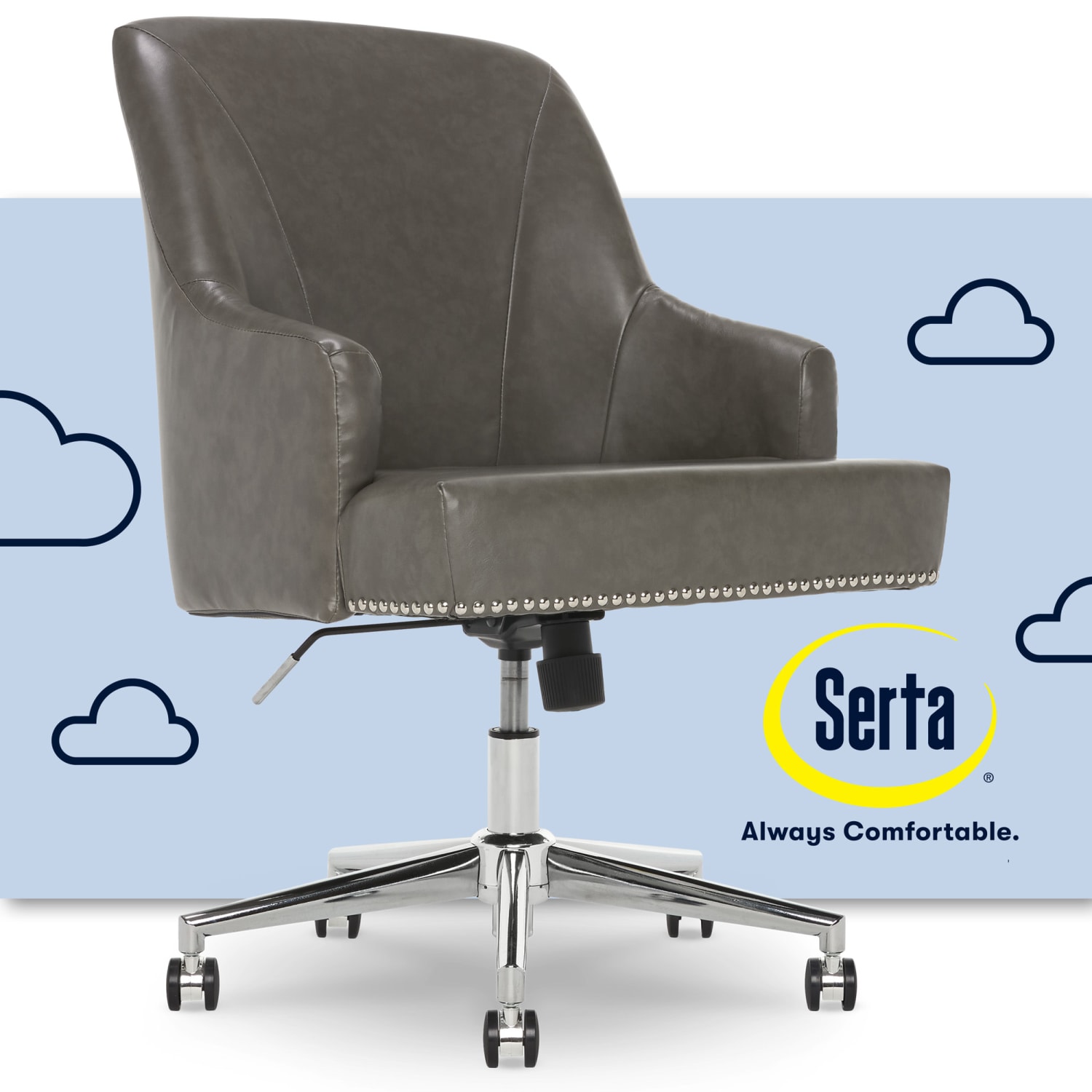Serta Leighton Home Bonded Leather Mid-Back Office Chair, Gray/Chrome - Image 3