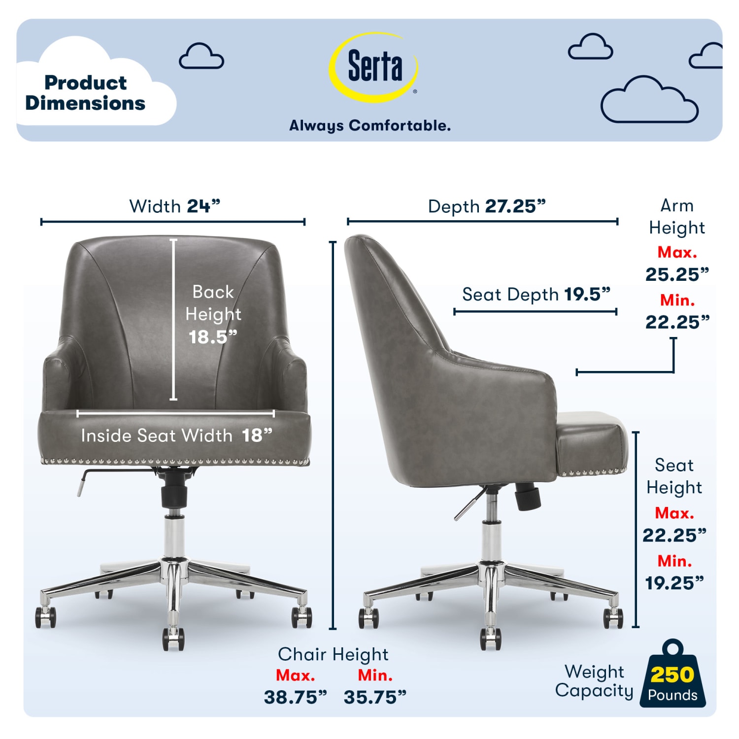 Serta Leighton Home Bonded Leather Mid-Back Office Chair, Gray/Chrome - Image 4