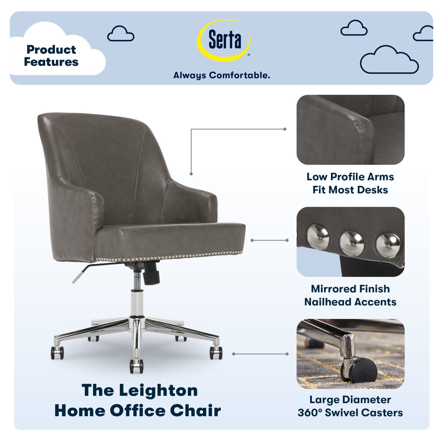 Serta Leighton Home Bonded Leather Mid-Back Office Chair, Gray/Chrome - Image 5
