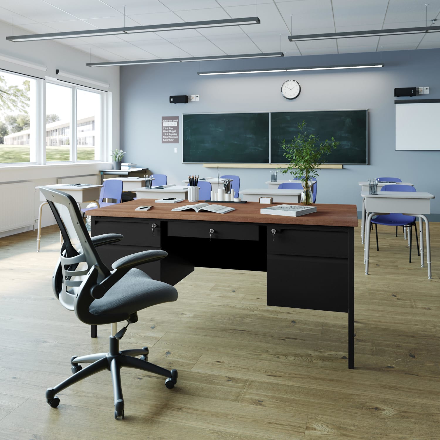 Flash Furniture Cambridge Commercial Grade Double Pedestal 60inW x 30inD Desk with Locking Drawers and Metal Frame, Walnut - Image 3