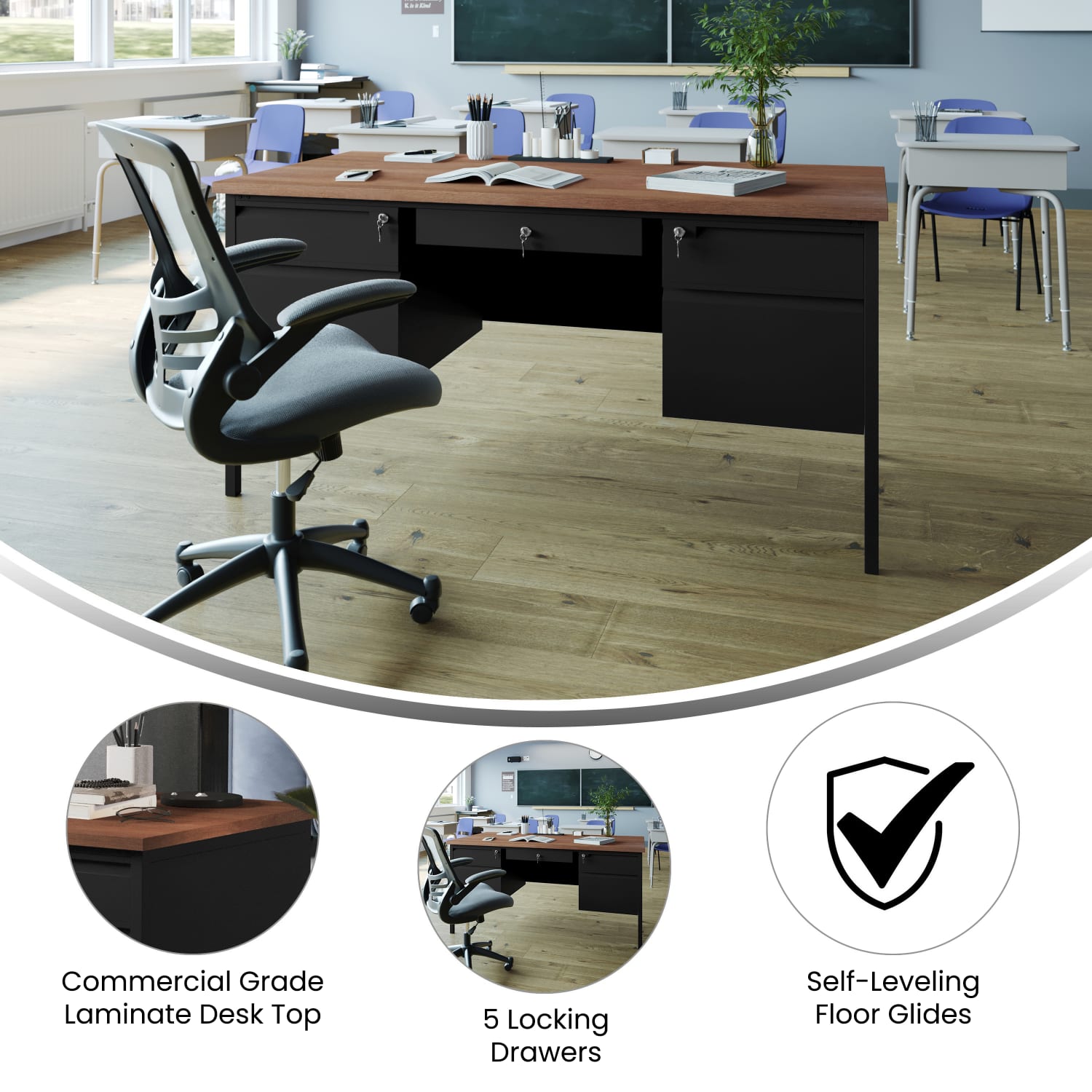 Flash Furniture Cambridge Commercial Grade Double Pedestal 60inW x 30inD Desk with Locking Drawers and Metal Frame, Walnut - Image 4