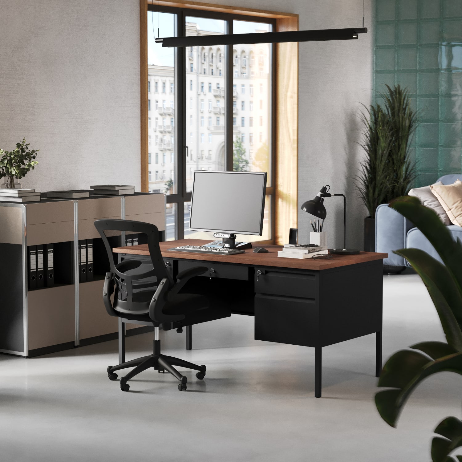 Flash Furniture Cambridge Commercial Grade Double Pedestal 60inW x 30inD Desk with Locking Drawers and Metal Frame, Walnut - Image 5