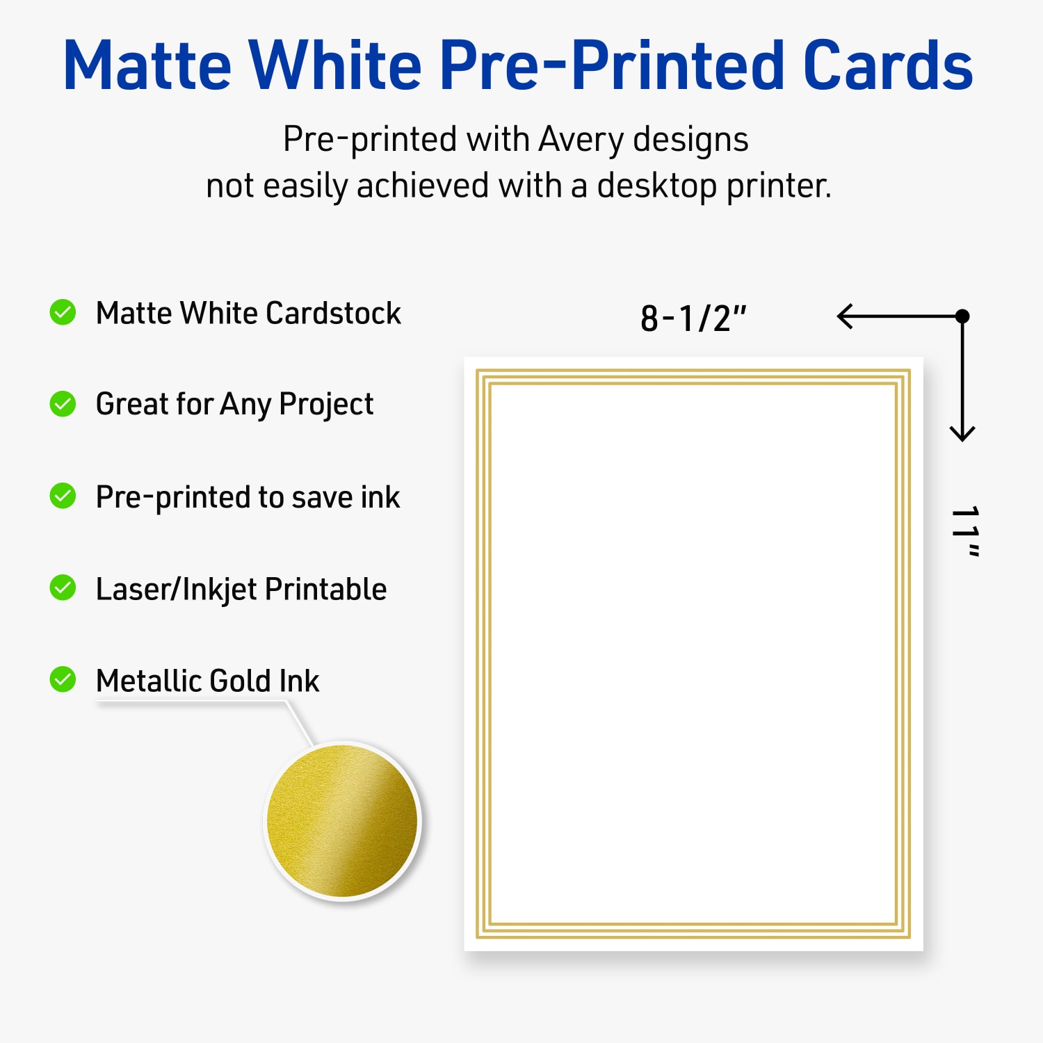 Avery Printable Cards, 8-1/2in x 11in, Matte White With Preprinted Gold Multi-Lined Border, Pack Of 10 - Image 4