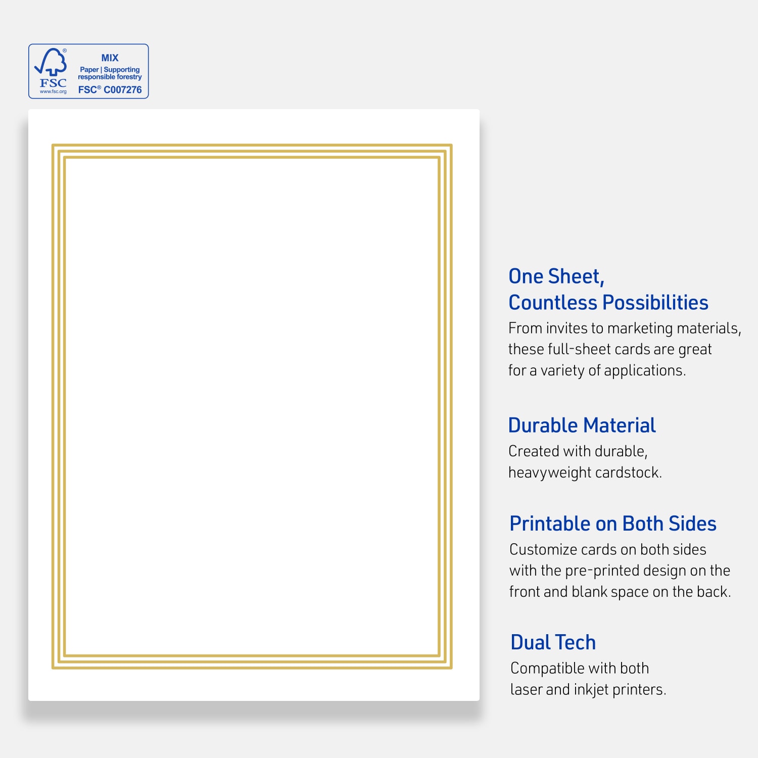 Avery Printable Cards, 8-1/2in x 11in, Matte White With Preprinted Gold Multi-Lined Border, Pack Of 10 - Image 5