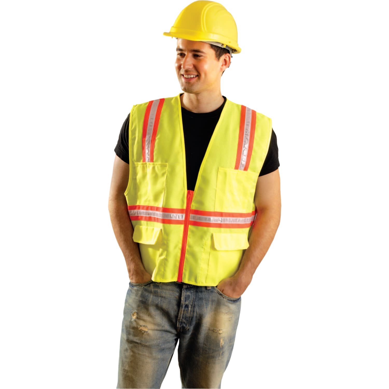 Non-ANSI Contractor Style Solid Vests, Large, Hi-Viz Orange; Yellow Trim - Image 3