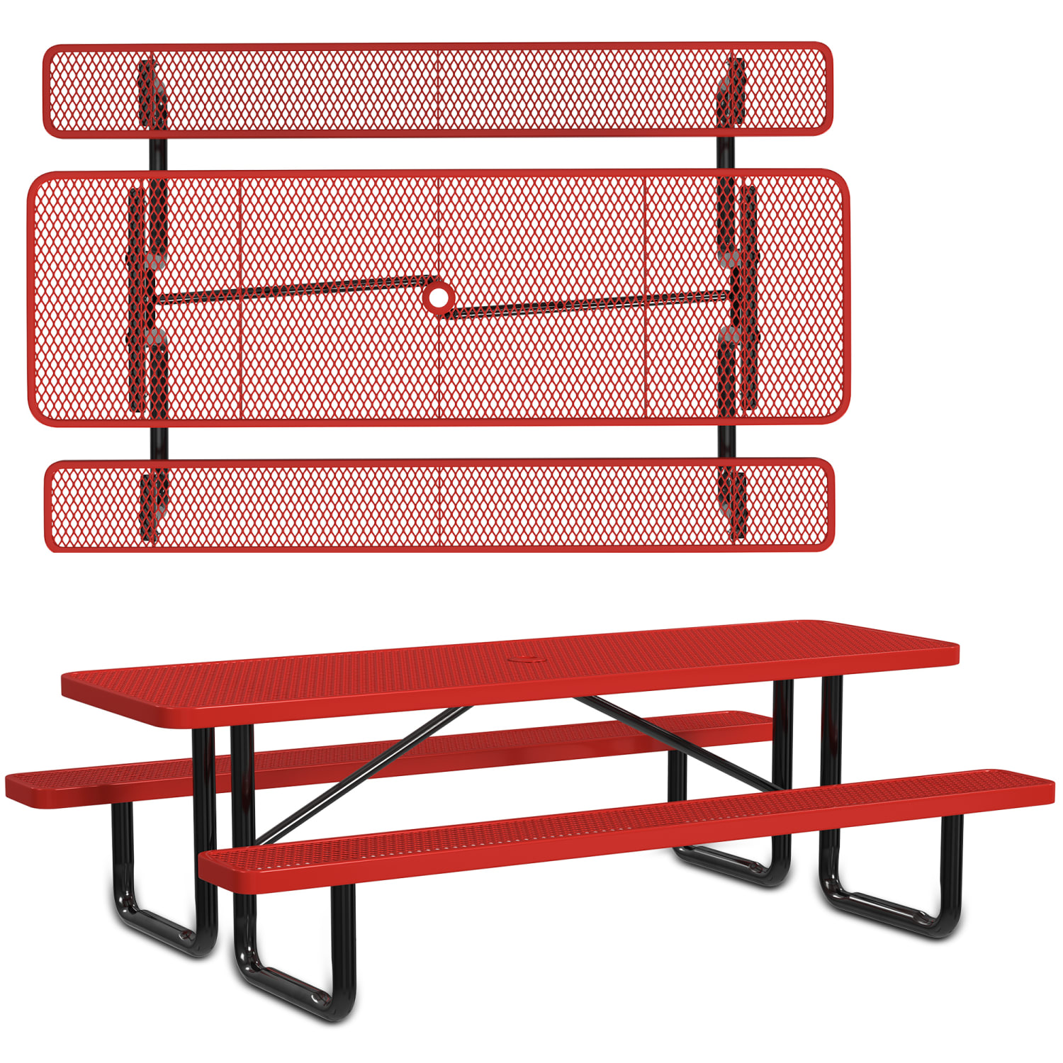 Leisure Craft Rectangle Outdoor Picnic Table, 29-11/16inH x 96inW x 62inD, Black/Red