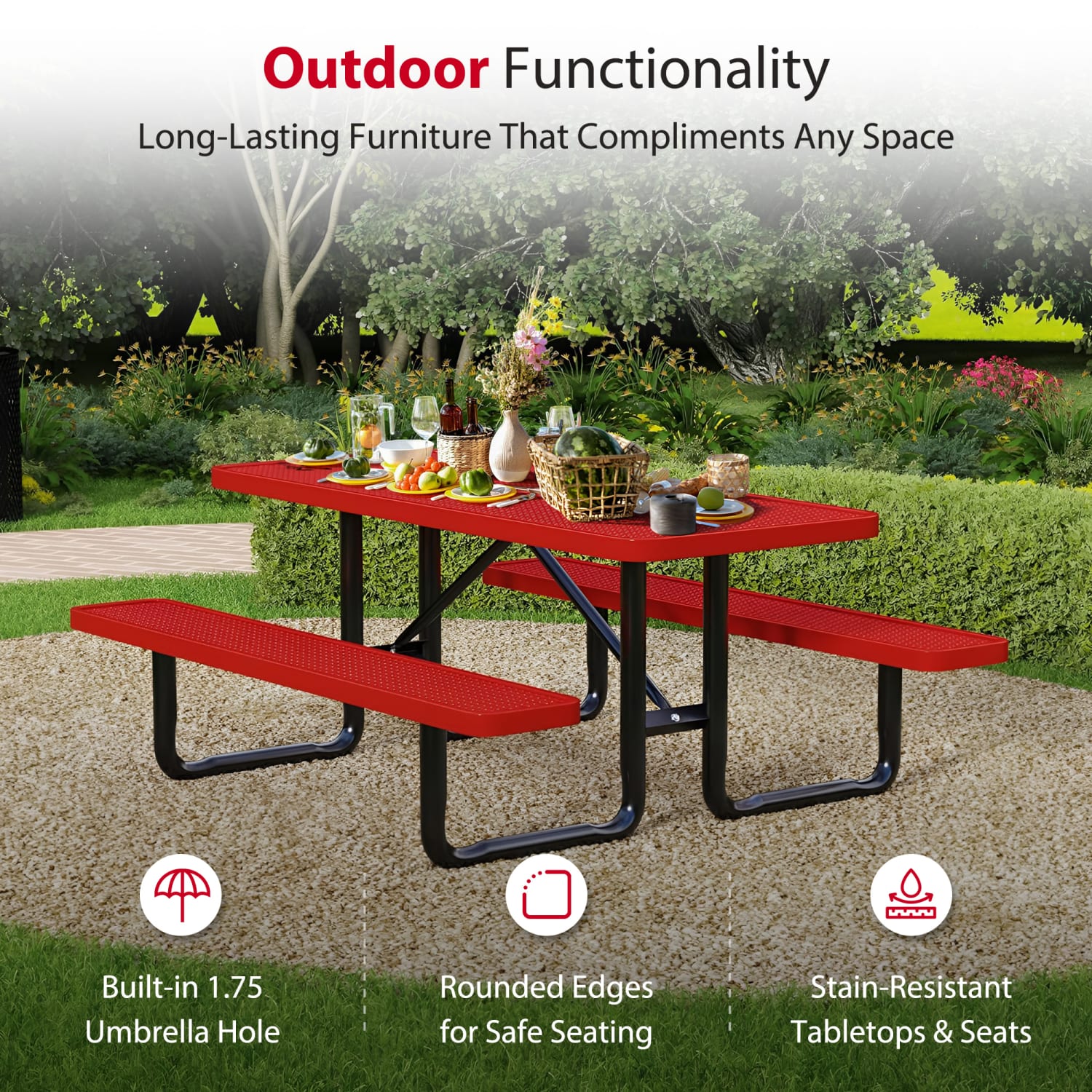 Leisure Craft Rectangle Outdoor Picnic Table, 29-11/16inH x 96inW x 62inD, Black/Red - Image 4
