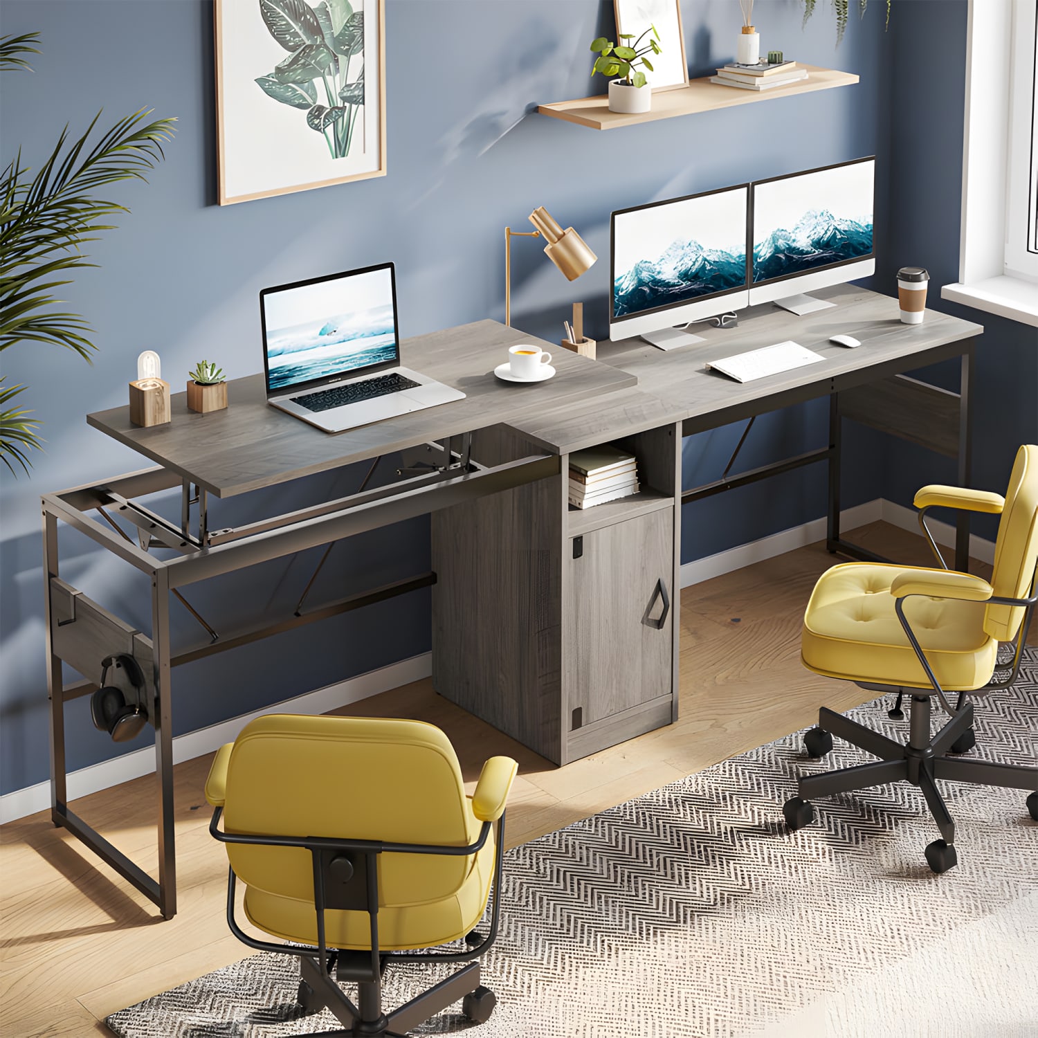 Bestier 60in L Shaped Standing Desk with Storage Cabinet, Adjustable Height Corner Desk for Home Office, Dual Monitor Gaming Workstation, Gray Wash - Image 6
