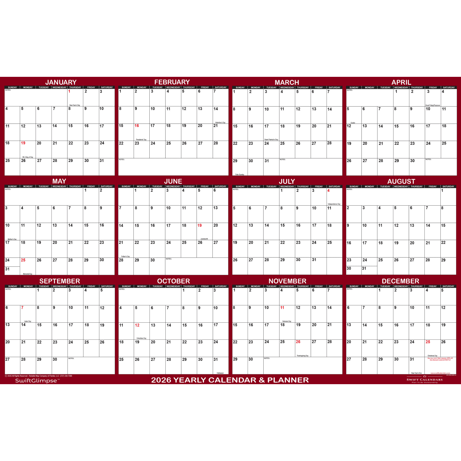 2026 SwiftGlimpse Yearly Erasable Wall Calendar, 36in x 54in, White/Maroon, January To December