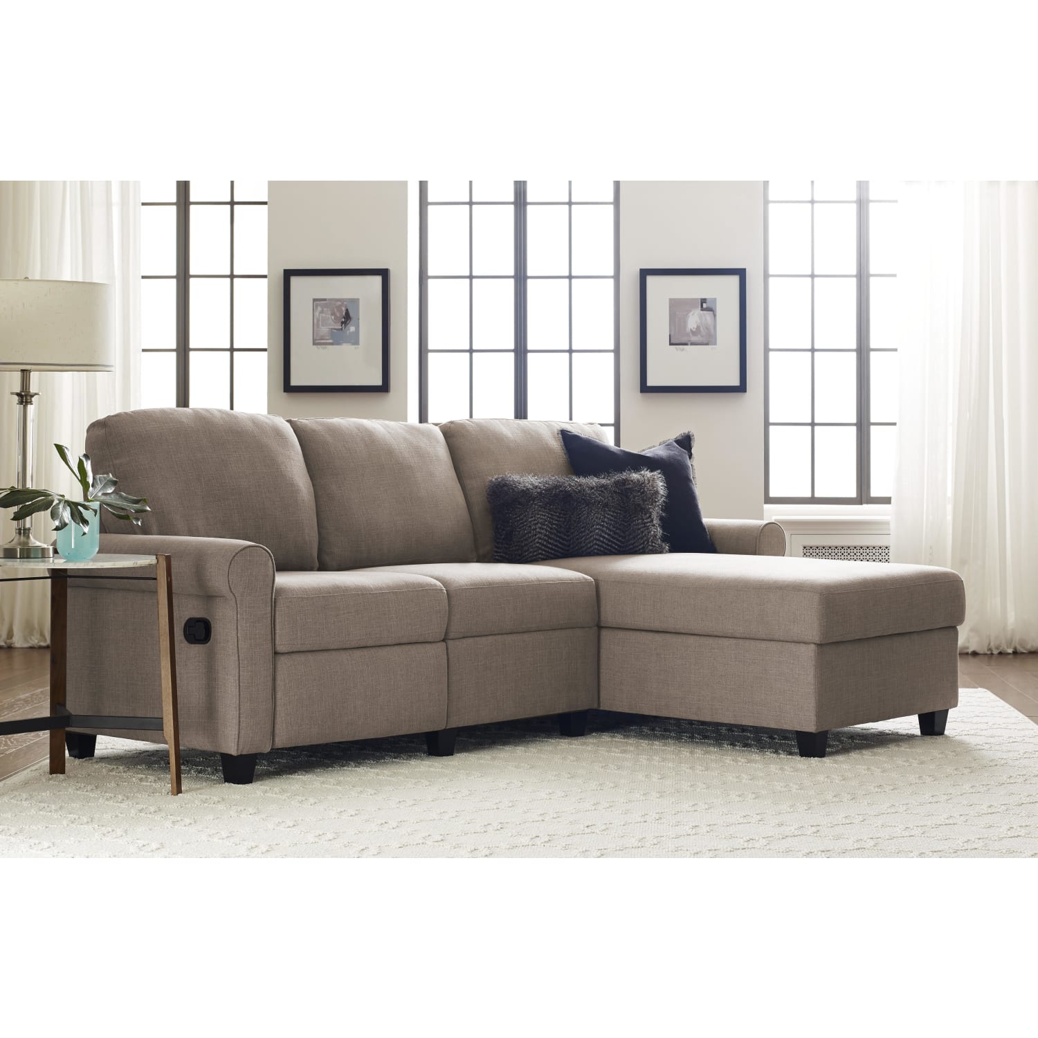 Serta Copenhagen Reclining Sectional With Storage Chaise, Right, Warm Oatmeal/Espresso