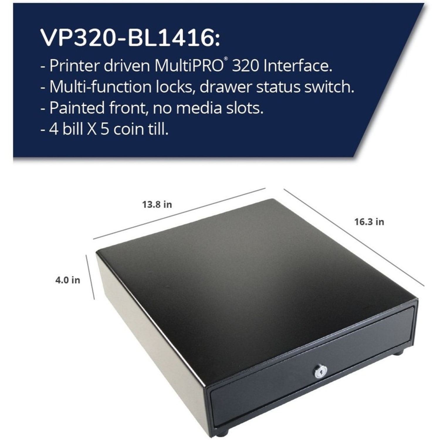 APG Cash Drawer Vasario Series Cash Drawer - 4 Bill - 5 CoinPrinter Driven - Black - 4.3in Height x 13.8in Width x 16.3in Depth - Image 3