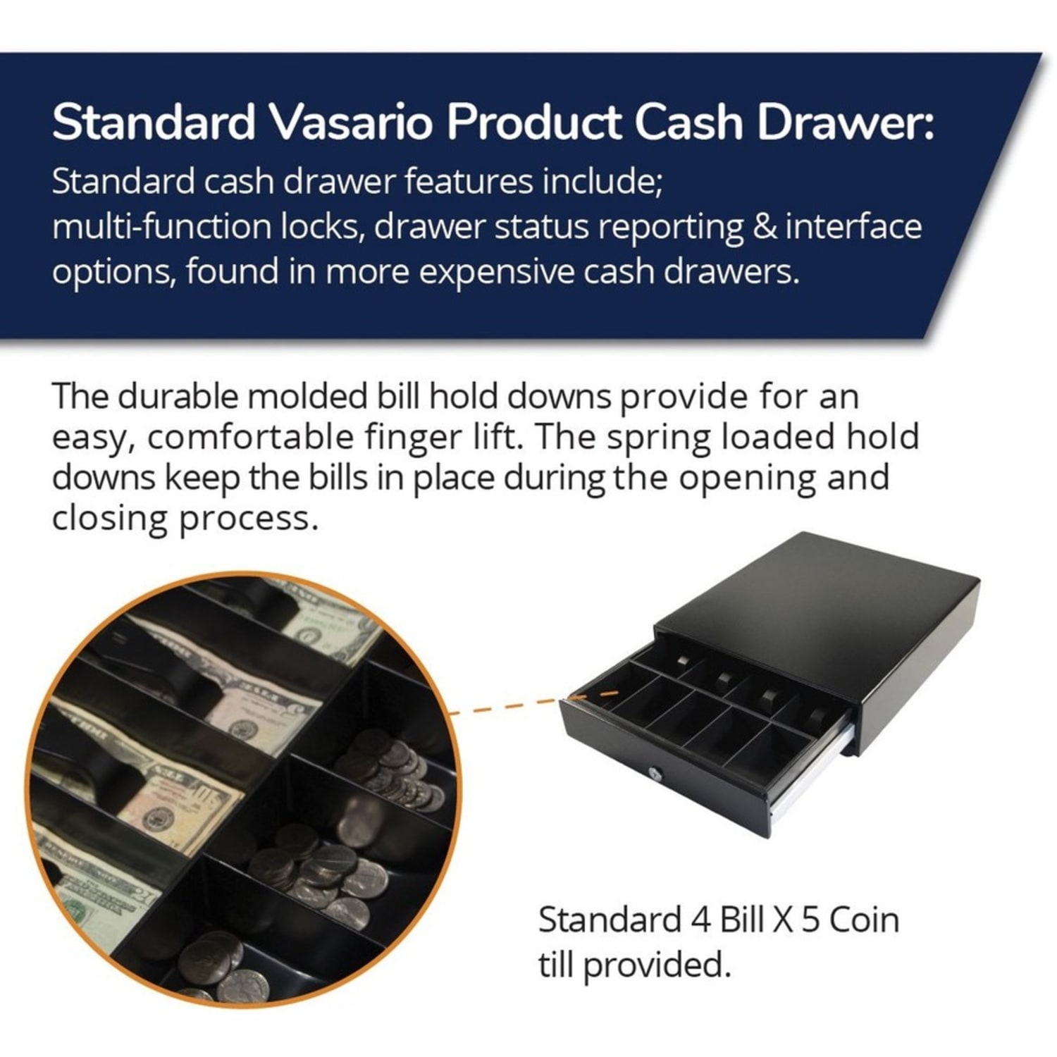 APG Cash Drawer Vasario Series Cash Drawer - 4 Bill - 5 CoinPrinter Driven - Black - 4.3in Height x 13.8in Width x 16.3in Depth - Image 5