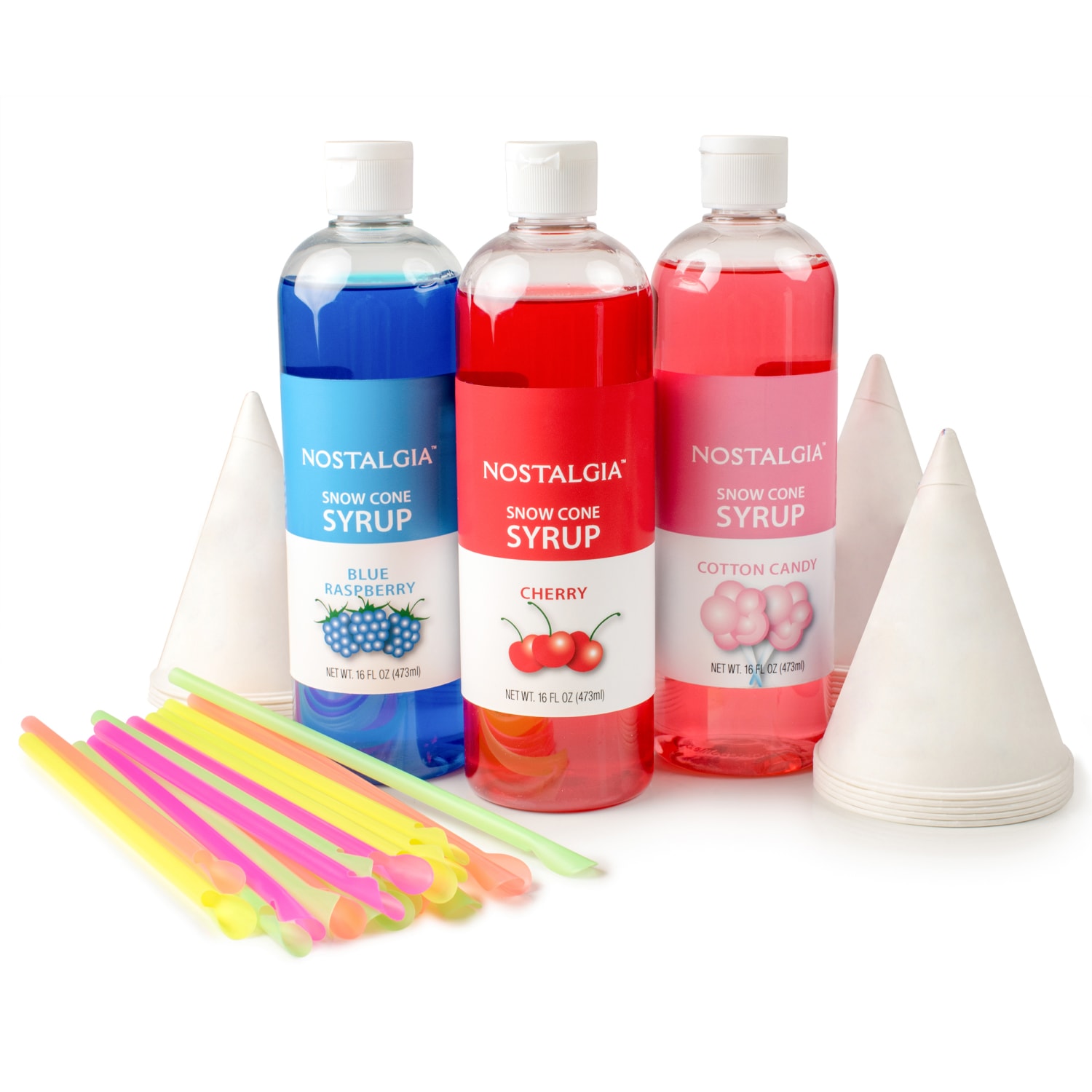 Nostalgia Electrics Premium 16 Oz Snow Cone Syrups, Cups and Spoon-Straws Party Kit - Image 3