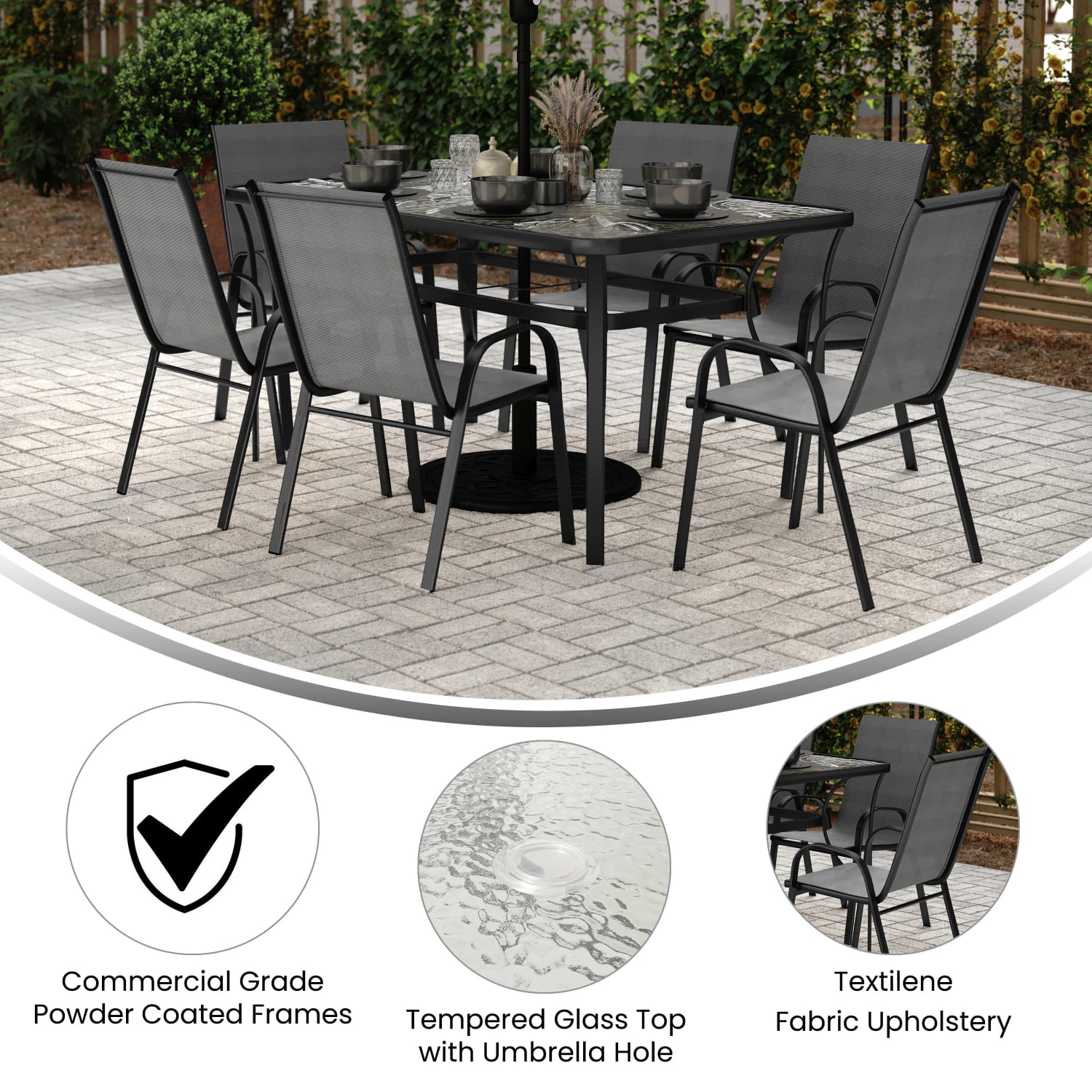 Flash Furniture Brazos 7 Piece Commercial Grade Patio Dining Set with Tempered Glass Patio Table and 6 Chairs with Flex Comfort Material Seats and Backs, Gray - Image 4