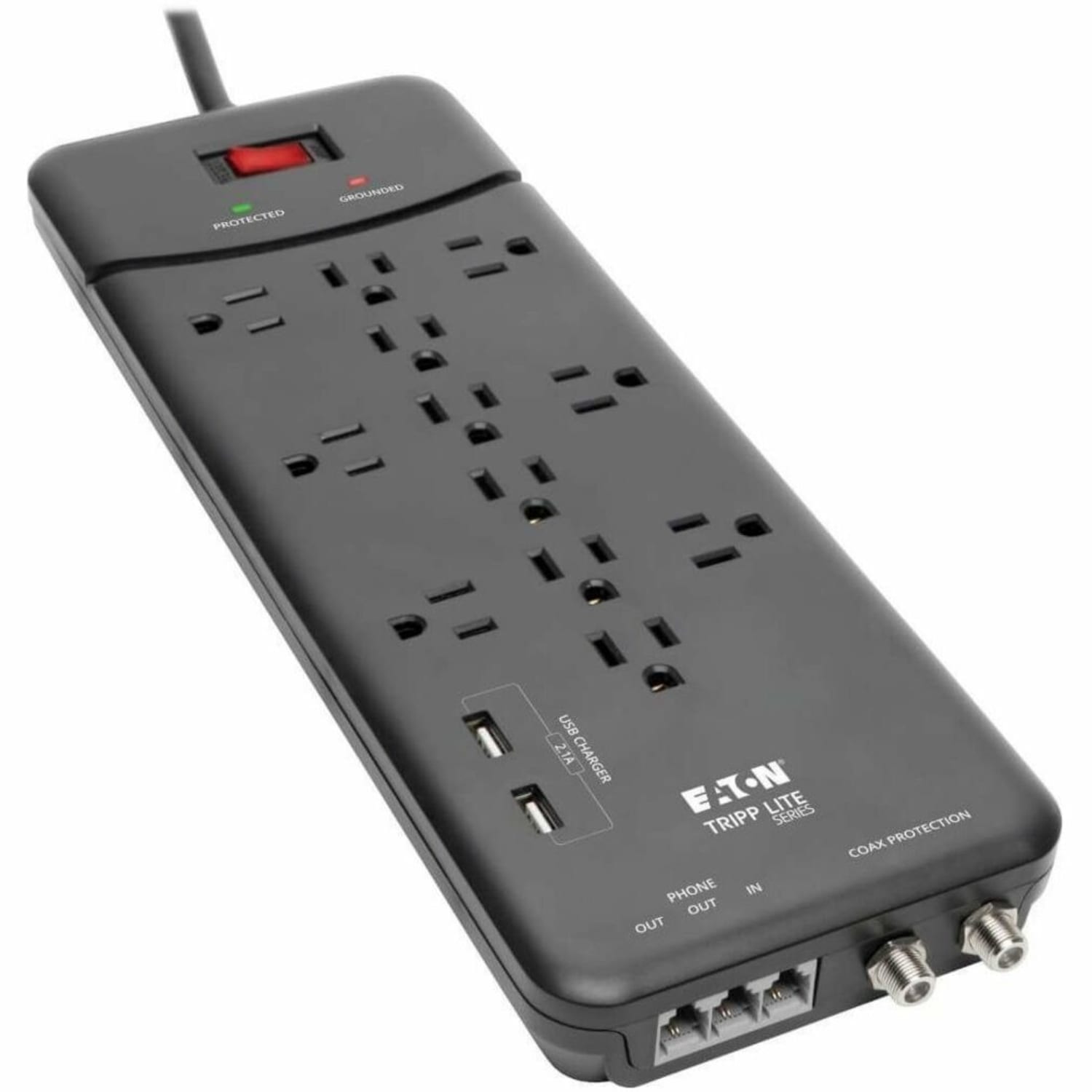 Tripp Lite Protect It! TLP128TTUSBB 12-Outlet Surge Protector with 2 USB Ports, 8' Cord Length, Black