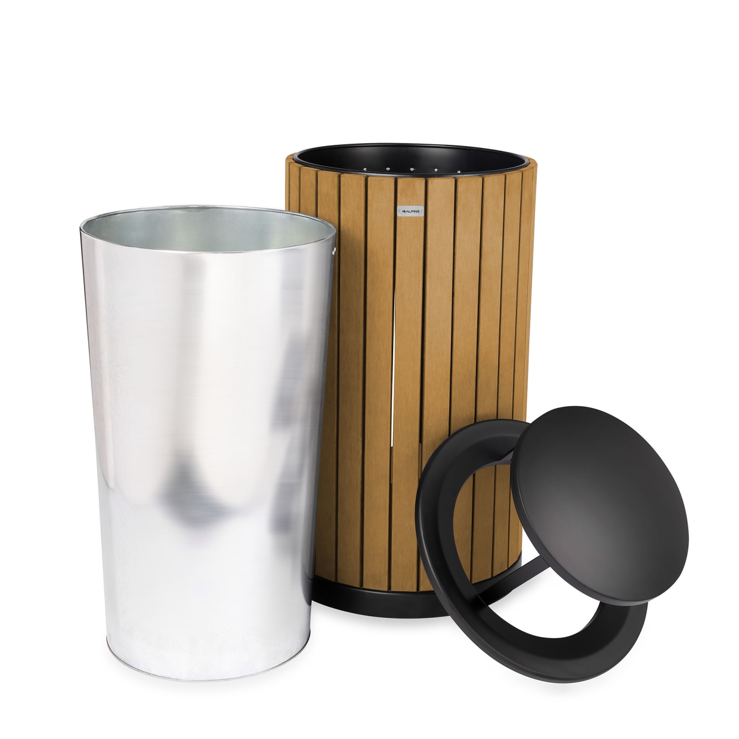Alpine Slatted Recycled Plastic Panel Round Outdoor Trash Can with Rain Bonnet Lid, 32 Gallon, 33-7/8inH x 20inW x 20D, Cedar - Image 6
