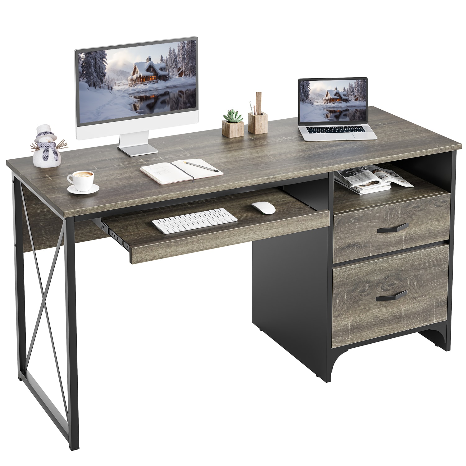 Bestier 56inW Office Desk With Drawers & Tray, Retro Gray Oak Dark
