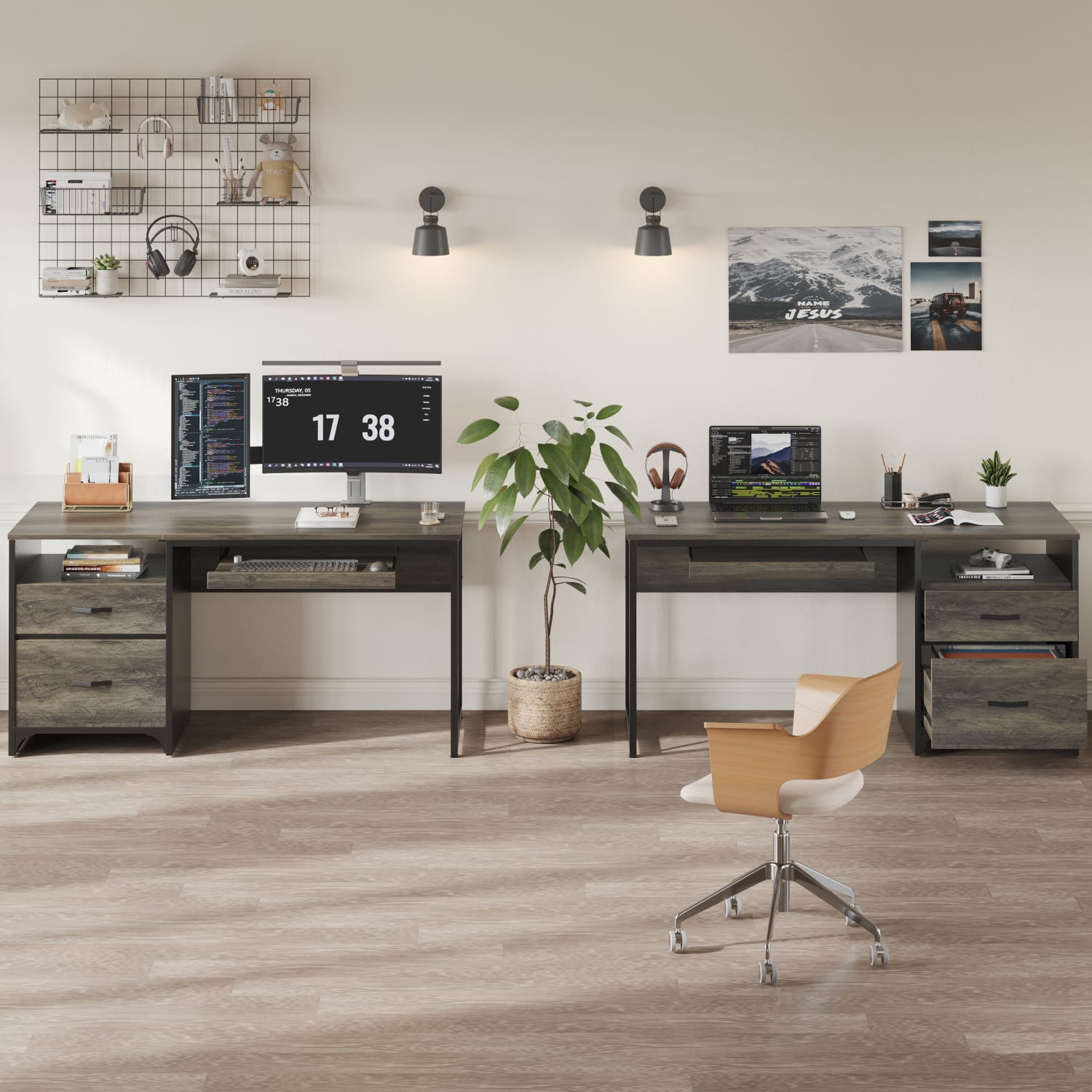 Bestier 56inW Office Desk With Drawers & Tray, Retro Gray Oak Dark - Image 6