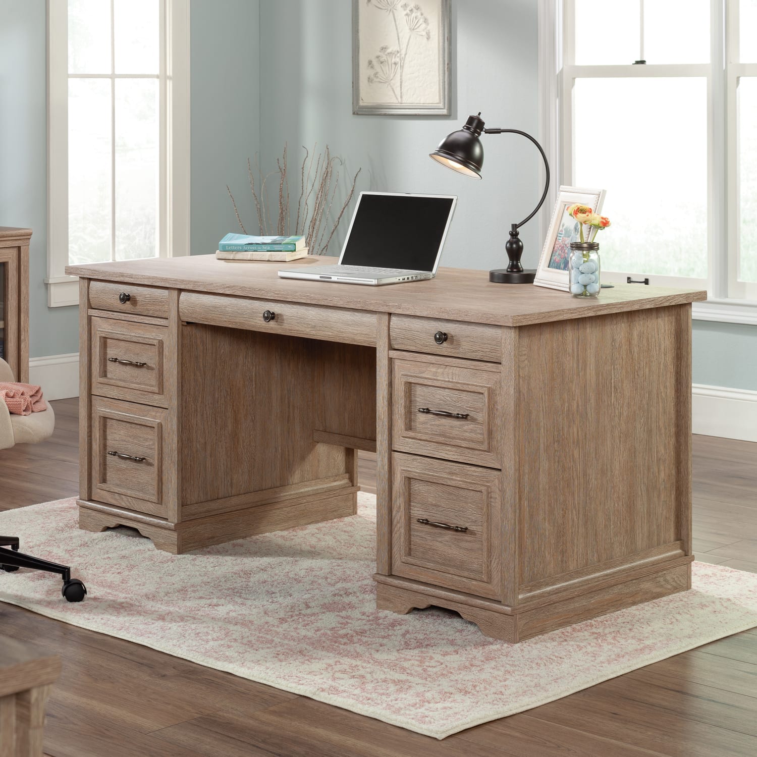 Sauder Rollingwood 66inW Double-Pedestal Executive Computer Desk With Filing Drawers, Brushed Oak - Image 4