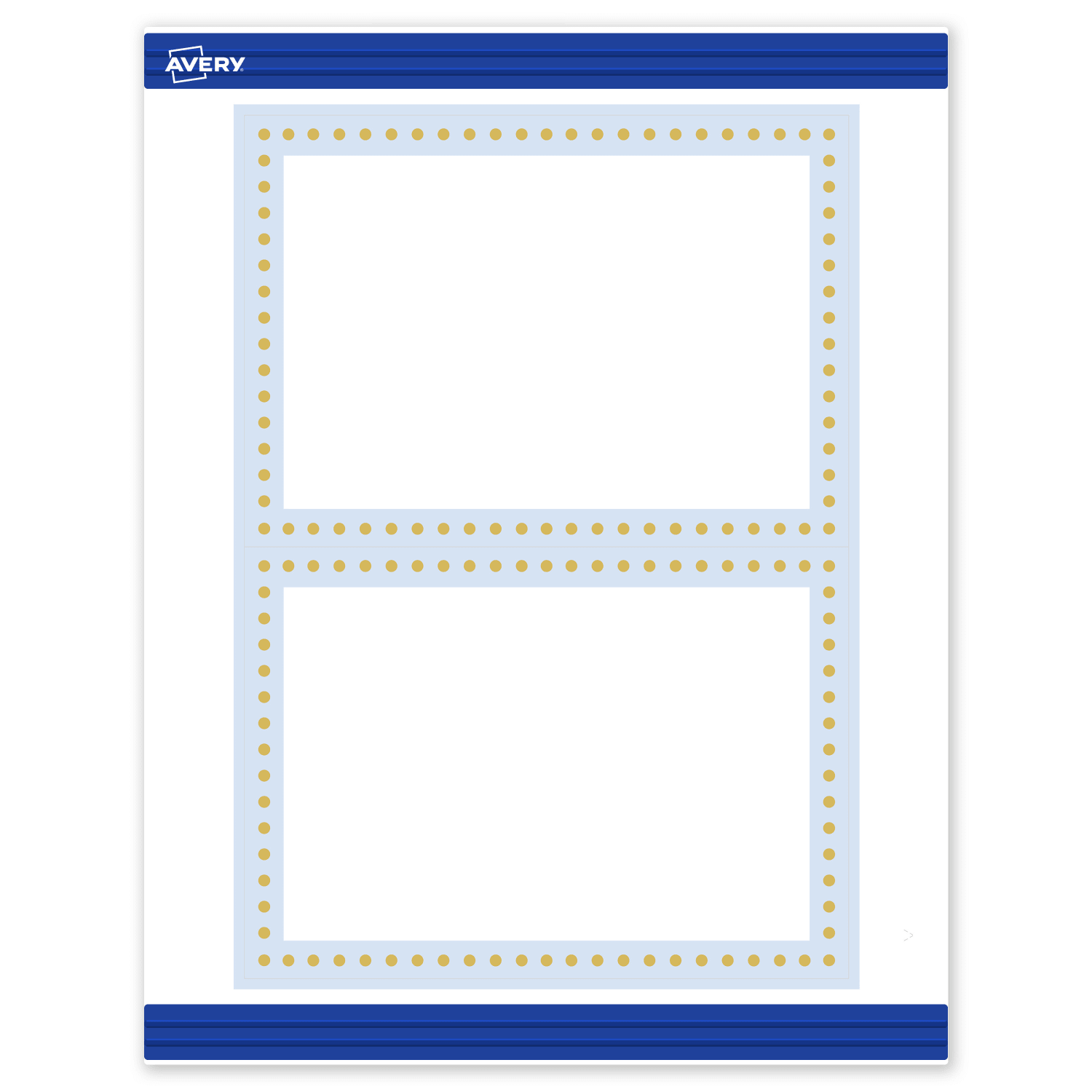 Avery Printable Invitation Cards With Sure Feed Technology, 5in x 7in, Matte White With Gold Dots/Blue Border Design, Pack Of 20