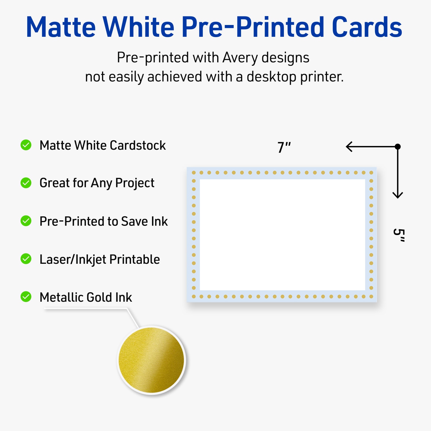 Avery Printable Invitation Cards With Sure Feed Technology, 5in x 7in, Matte White With Gold Dots/Blue Border Design, Pack Of 20 - Image 4