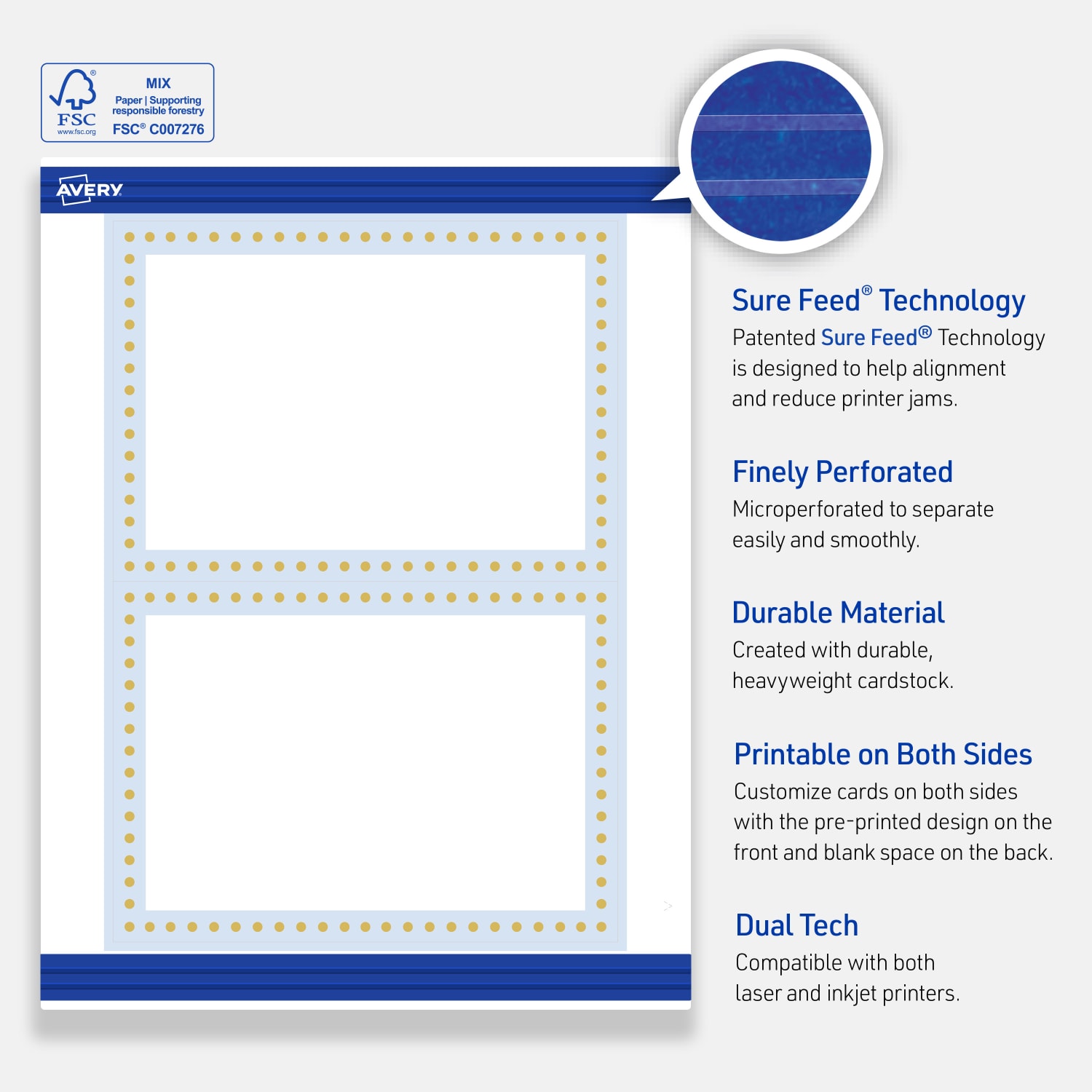 Avery Printable Invitation Cards With Sure Feed Technology, 5in x 7in, Matte White With Gold Dots/Blue Border Design, Pack Of 20 - Image 5