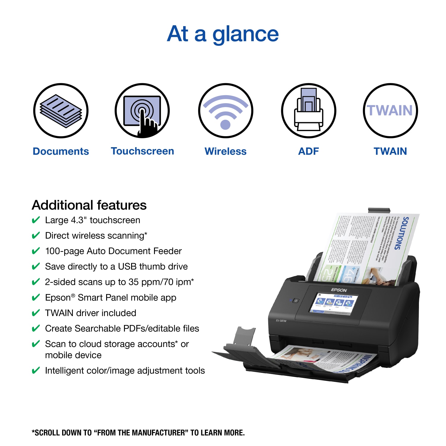 Epson WorkForce ES-580W Wireless Duplex Touchscreen Desktop Color Document Scanner with Auto Document Feeder - Image 3