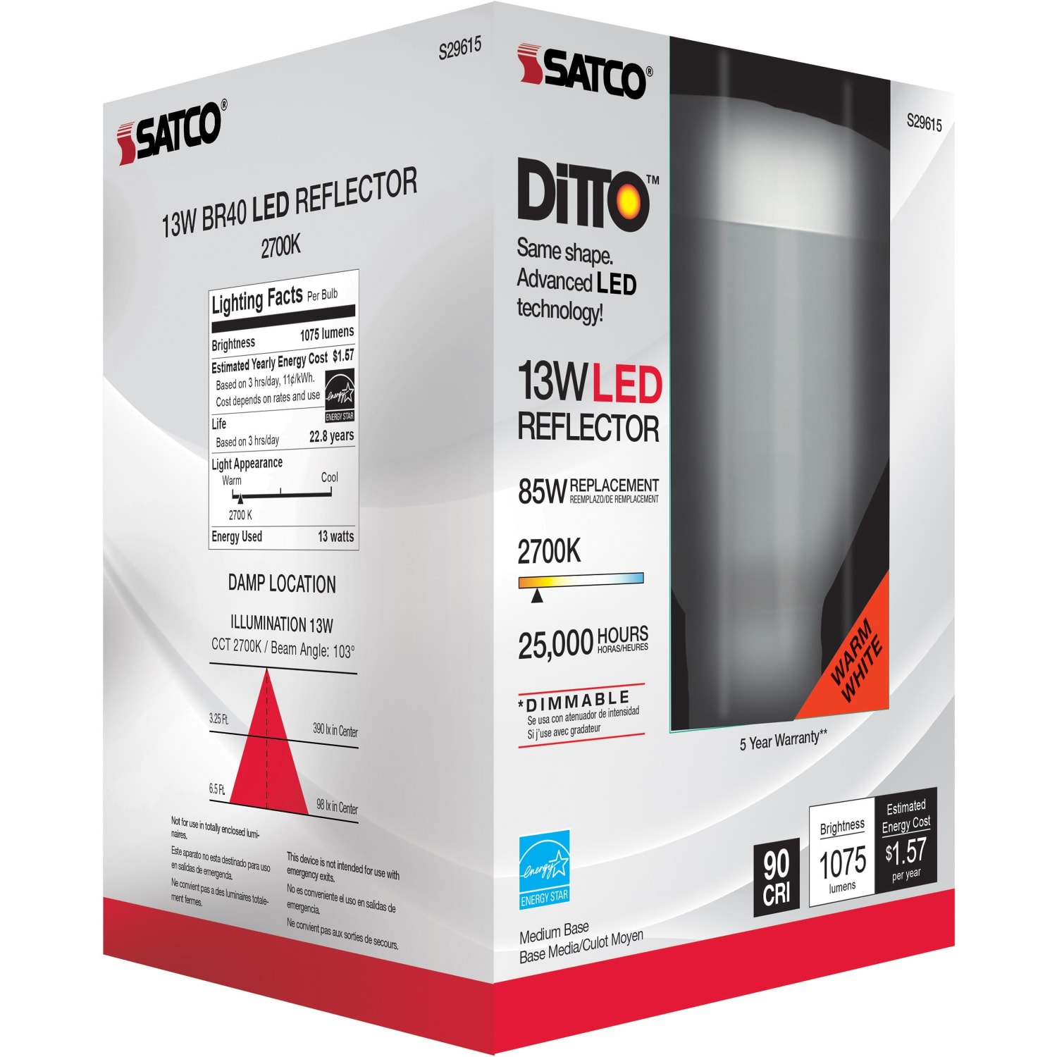 Satco 13W BR40 LED 2700K Bulb - 13 W - 85 W Incandescent Equivalent Wattage - 120 V AC - 1075 lm - BR40 Size - S29615