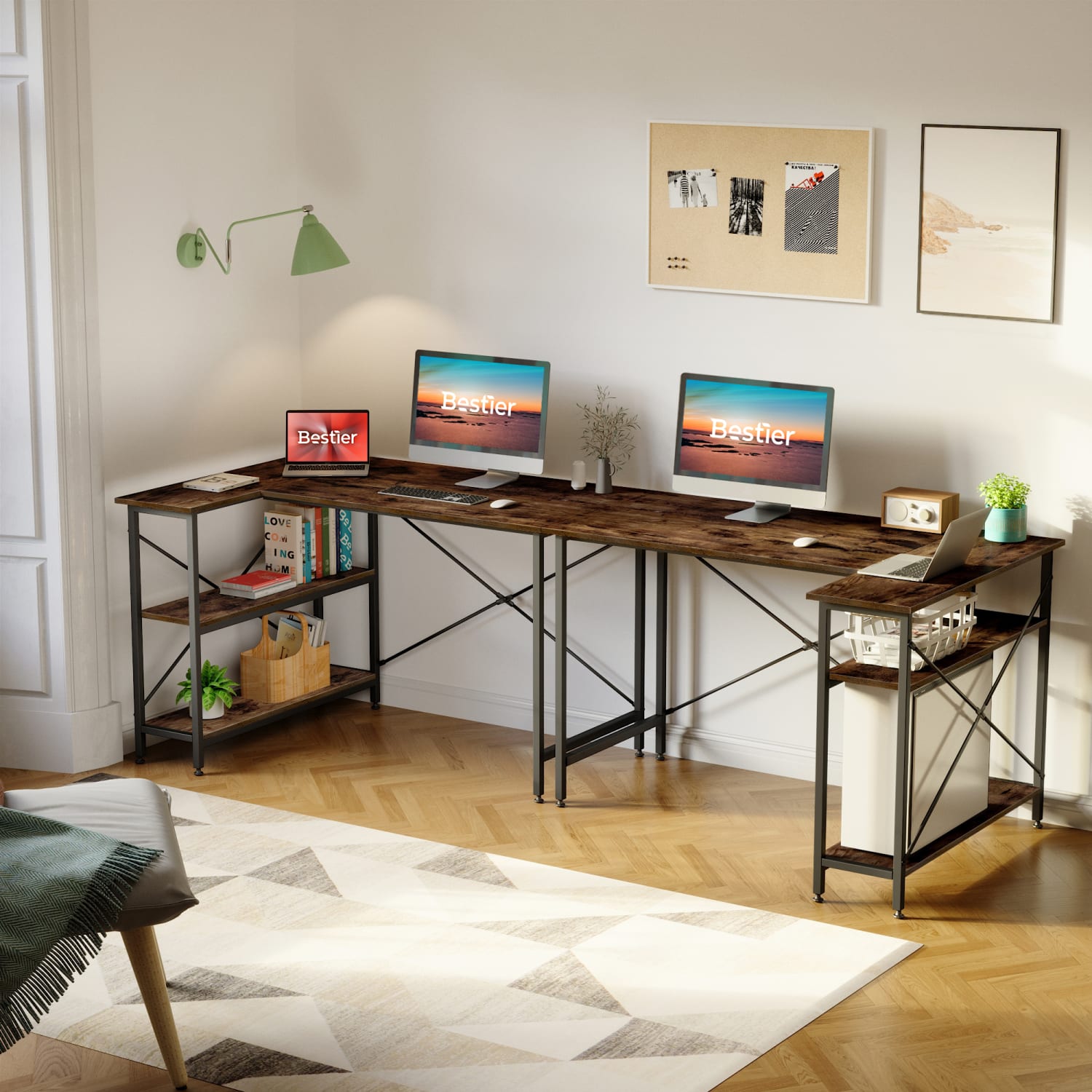 Bestier L-Shaped Corner Desk With Storage Shelf, 48inW, Rustic Brown - Image 3