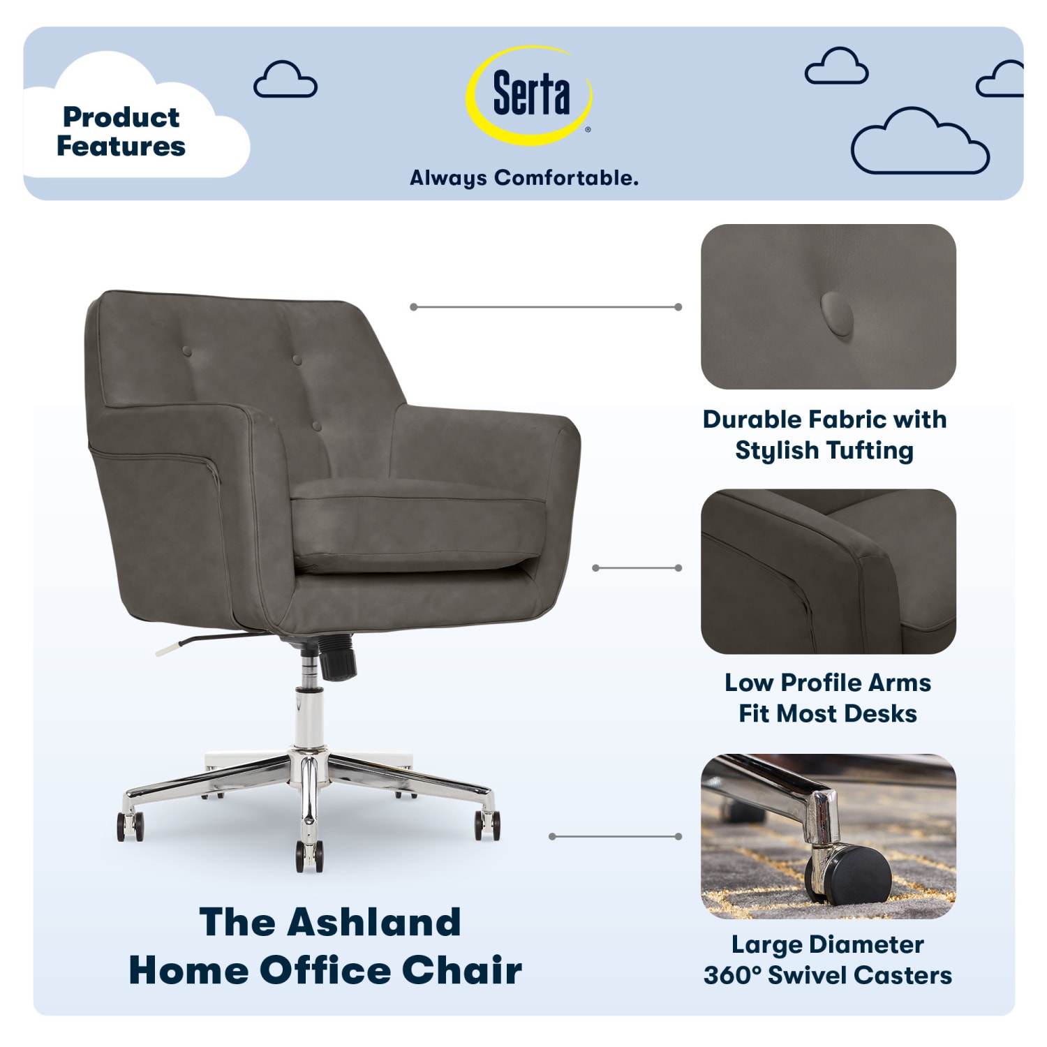 Serta Ashland Home Bonded Leather Mid-Back Office Chair, Gray/Chrome - Image 5