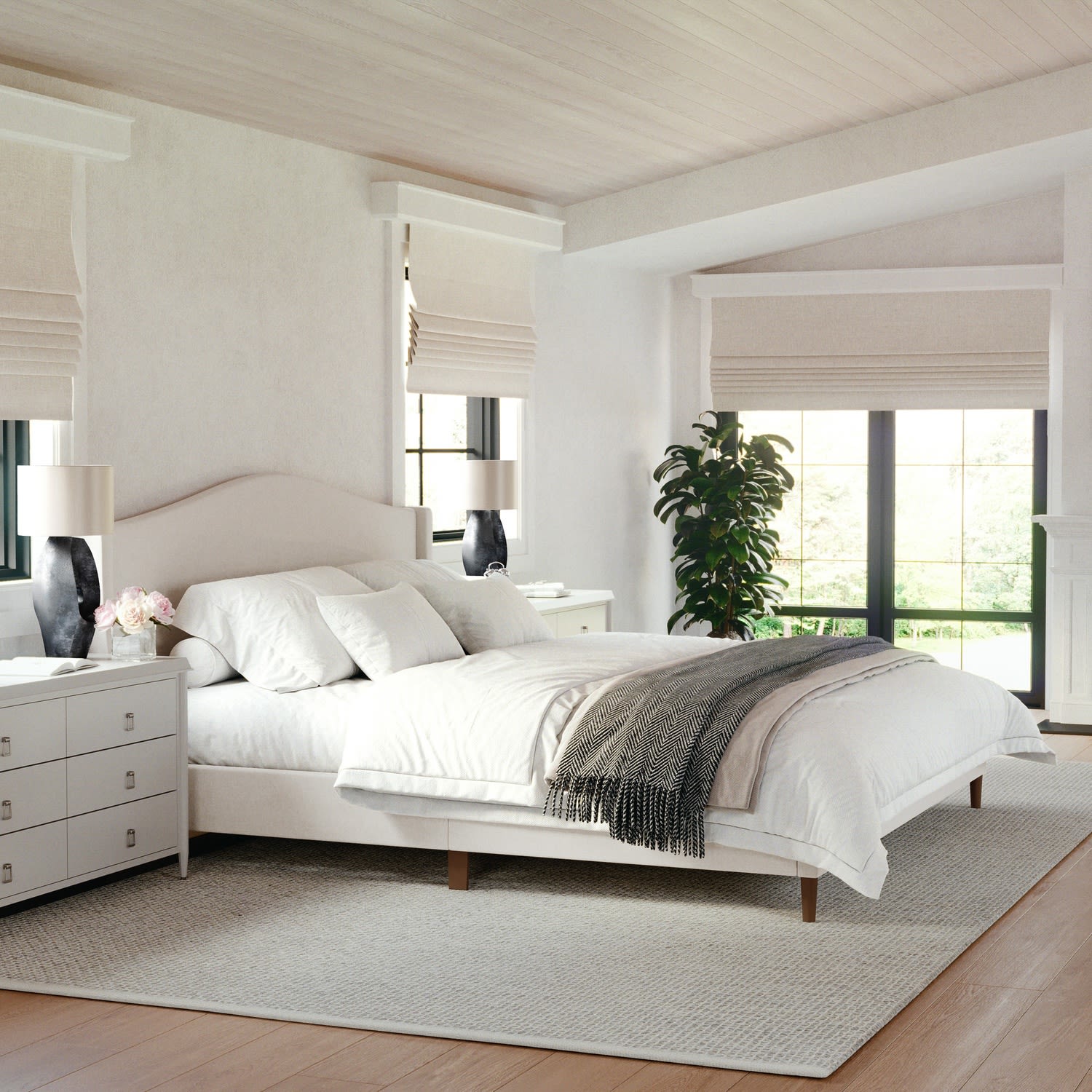 Martha Stewart Amelia Upholstered Platform Bed with Curved Headboard and Cushioned Siderails - TW3WDB02KBG