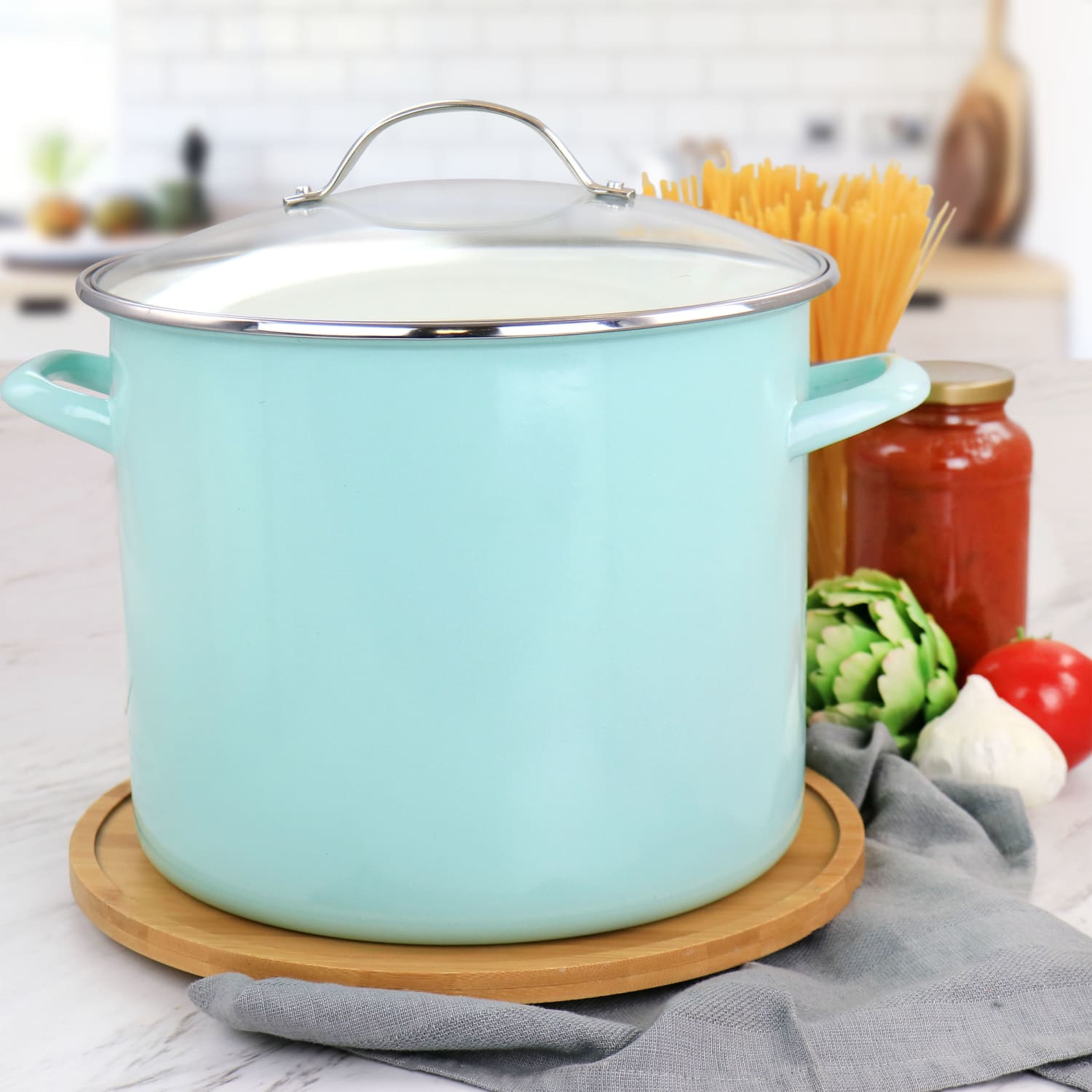 Martha Stewart Enamel-On-Steel Stock Pot With Glass Lid, 12 Qt, Turquoise - Image 3