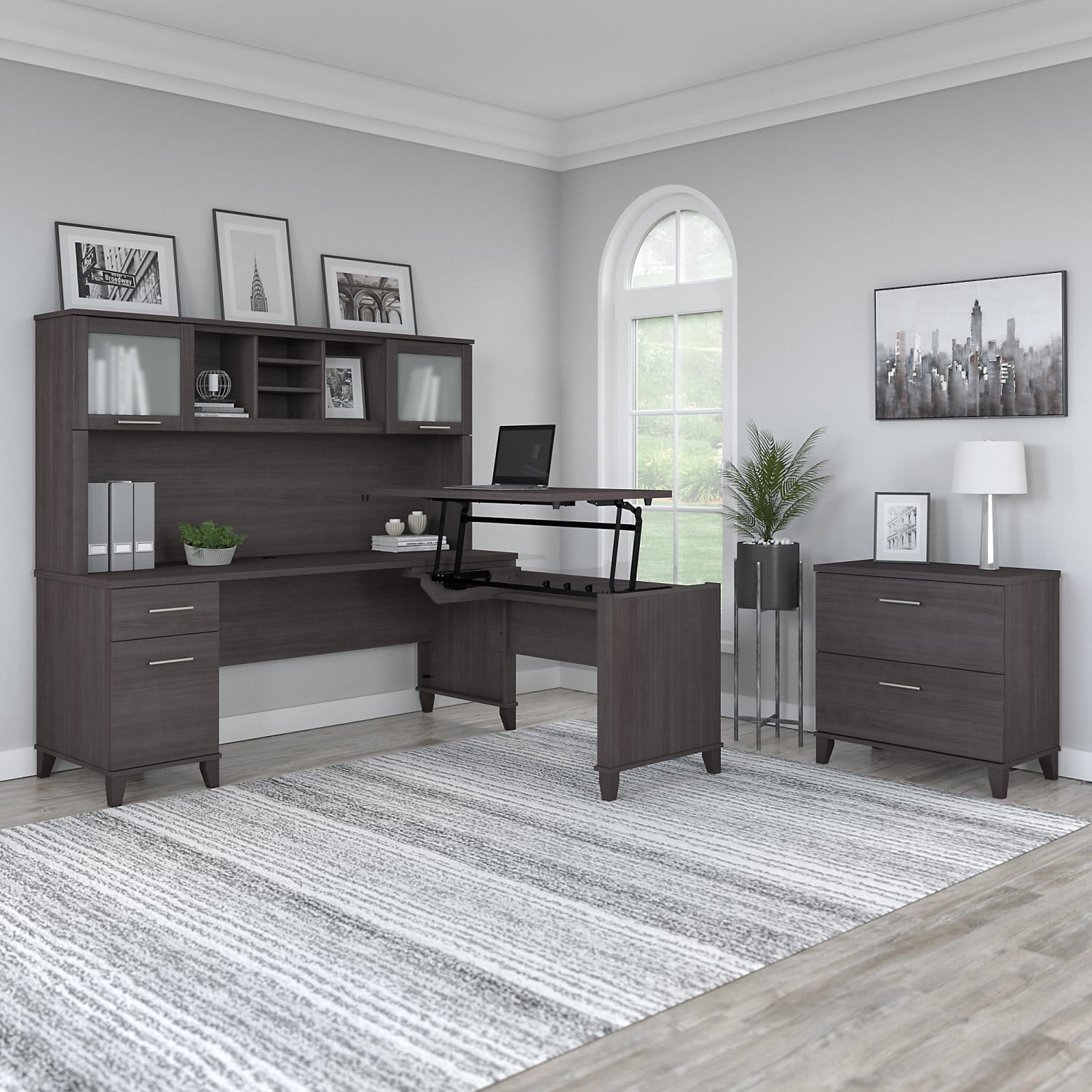 Bush Furniture Somerset 72inW 3-Position Sit-To-Stand L-Shaped Desk With Hutch And File Cabinet, Storm Gray, Standard Delivery - Image 3