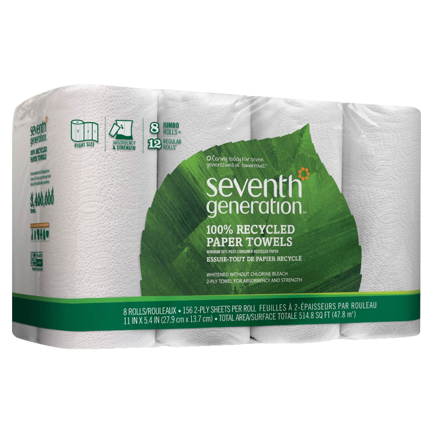 Seventh Generation 2-Ply Paper Towels, 100% Recycled, 156 Sheets Per Roll, Pack Of 8 Rolls