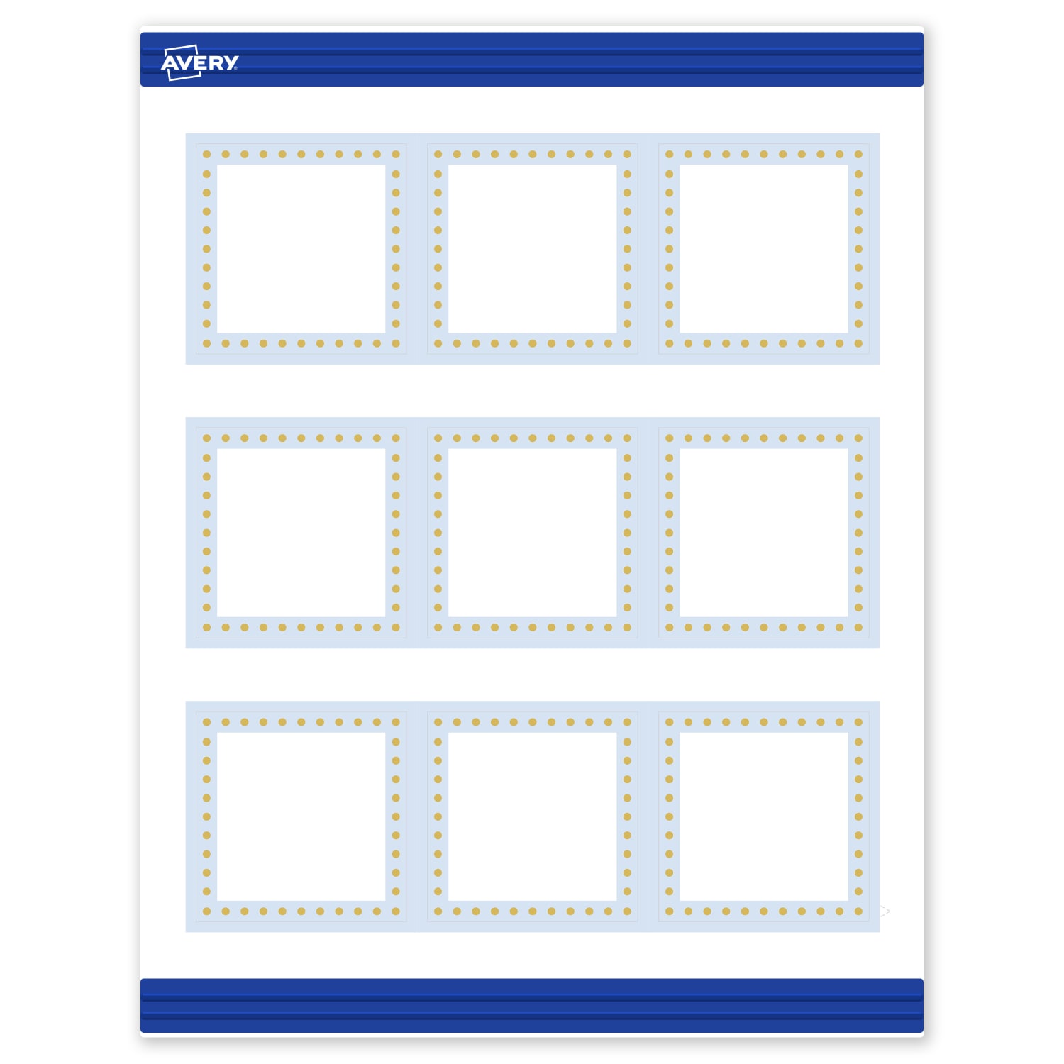 Avery Printable Cards With Sure Feed Technology, 2-1/2in x 2-1/2in, Matte White With Gold Dots/Blue Border Design, Pack Of 90