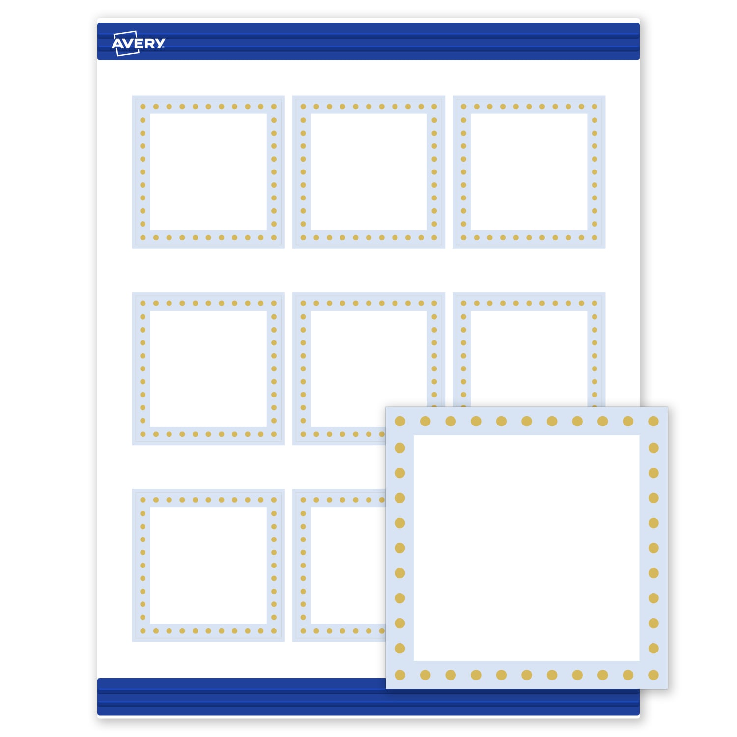 Avery Printable Cards With Sure Feed Technology, 2-1/2in x 2-1/2in, Matte White With Gold Dots/Blue Border Design, Pack Of 90 - Image 3
