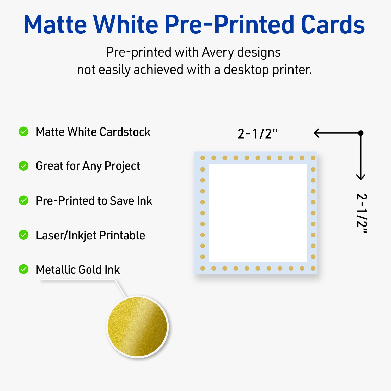 Avery Printable Cards With Sure Feed Technology, 2-1/2in x 2-1/2in, Matte White With Gold Dots/Blue Border Design, Pack Of 90 - Image 4