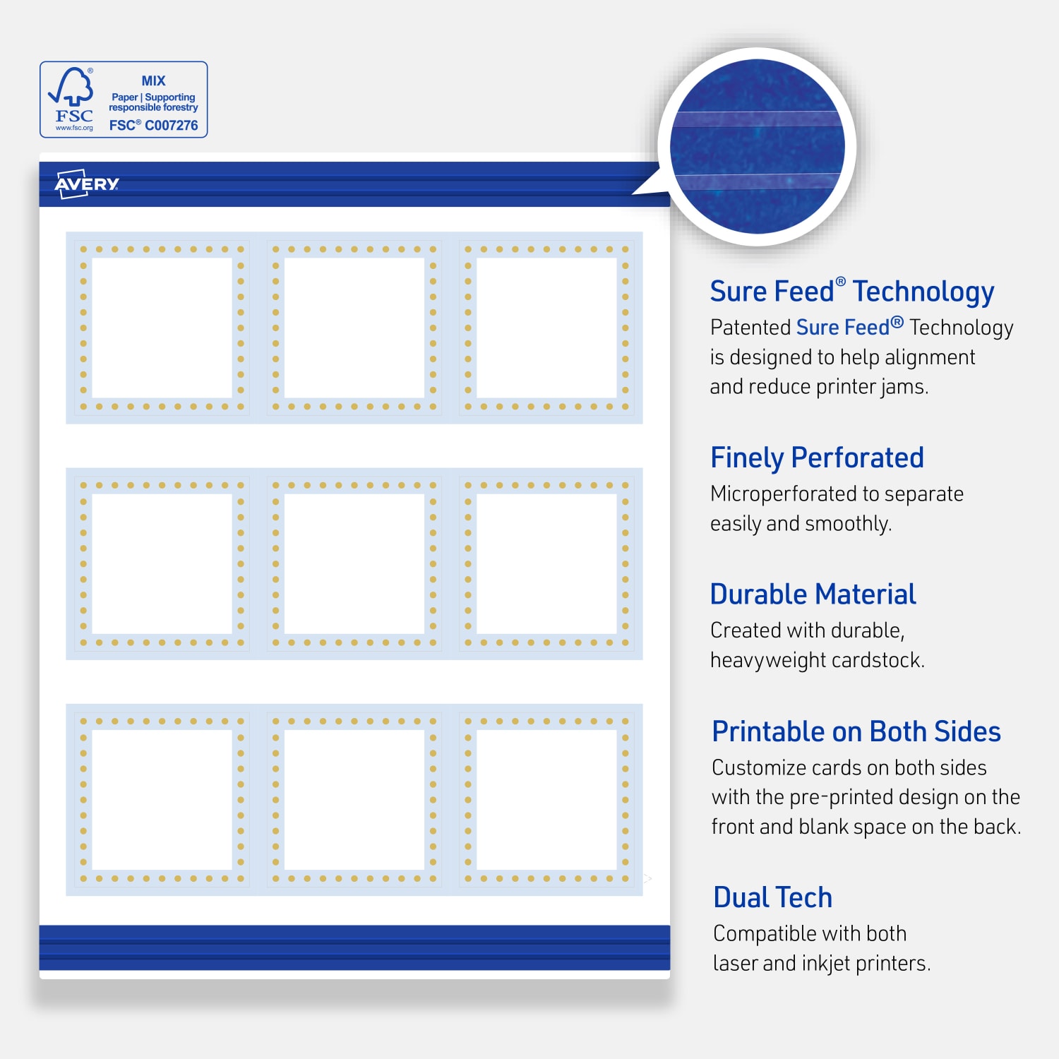 Avery Printable Cards With Sure Feed Technology, 2-1/2in x 2-1/2in, Matte White With Gold Dots/Blue Border Design, Pack Of 90 - Image 5