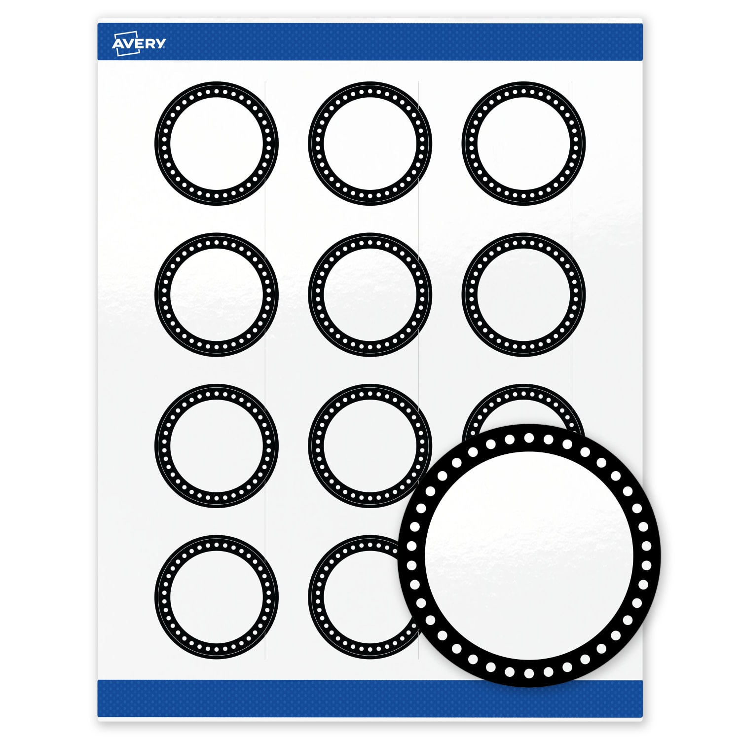 Avery Print-To-The-Edge Labels & Sure Feed, S00-D26-PRWGP10, 2in Round, Glossy White, Preprinted Black & White Polka Dots Design, Pack Of 120 - Image 3