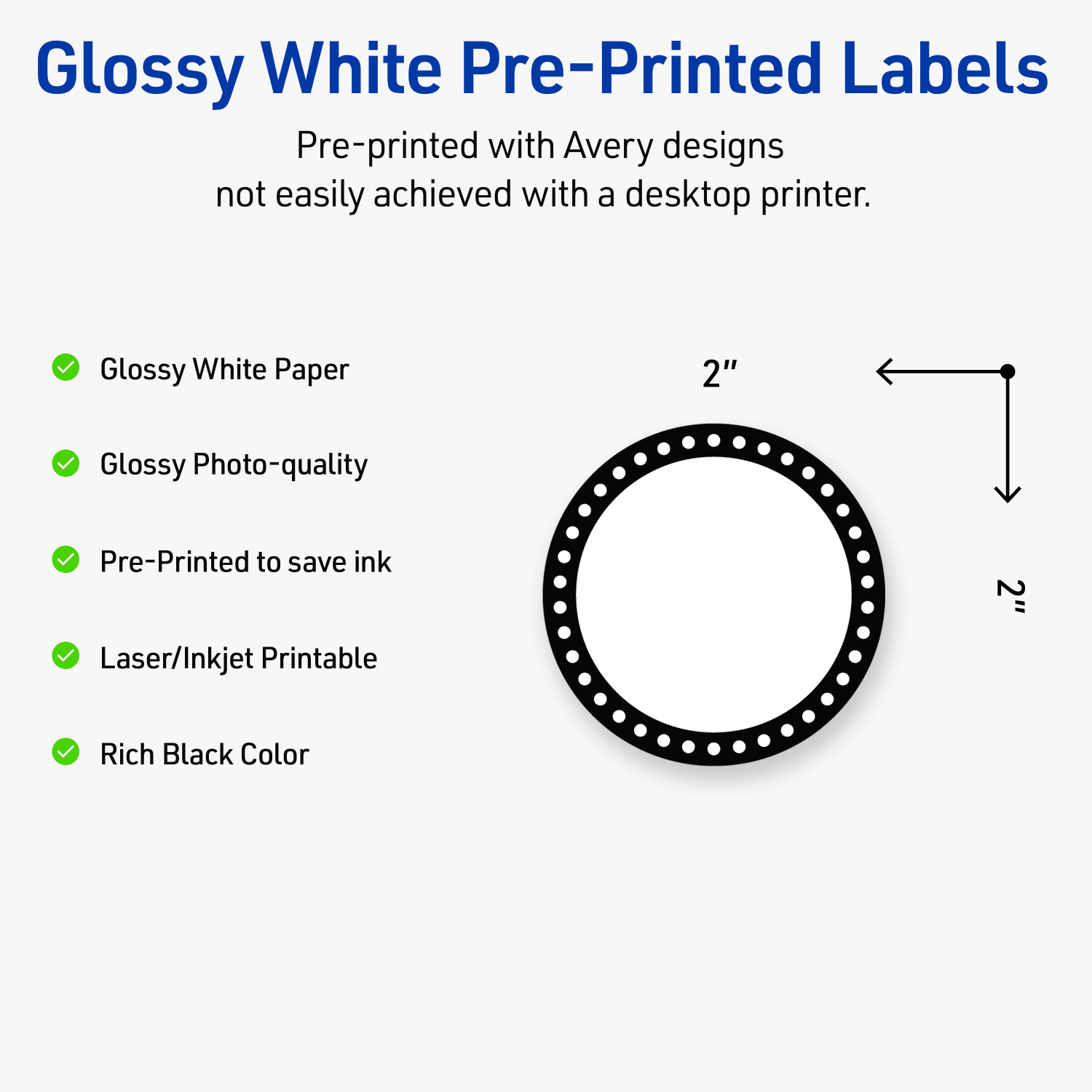 Avery Print-To-The-Edge Labels & Sure Feed, S00-D26-PRWGP10, 2in Round, Glossy White, Preprinted Black & White Polka Dots Design, Pack Of 120 - Image 4