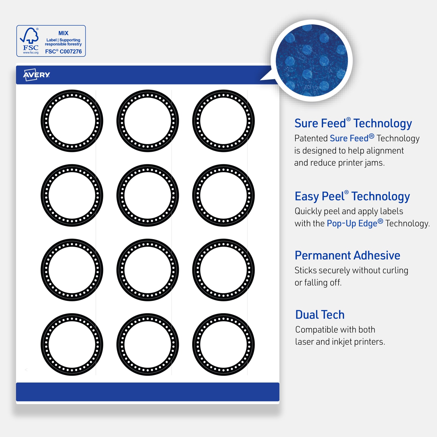 Avery Print-To-The-Edge Labels & Sure Feed, S00-D26-PRWGP10, 2in Round, Glossy White, Preprinted Black & White Polka Dots Design, Pack Of 120 - Image 5
