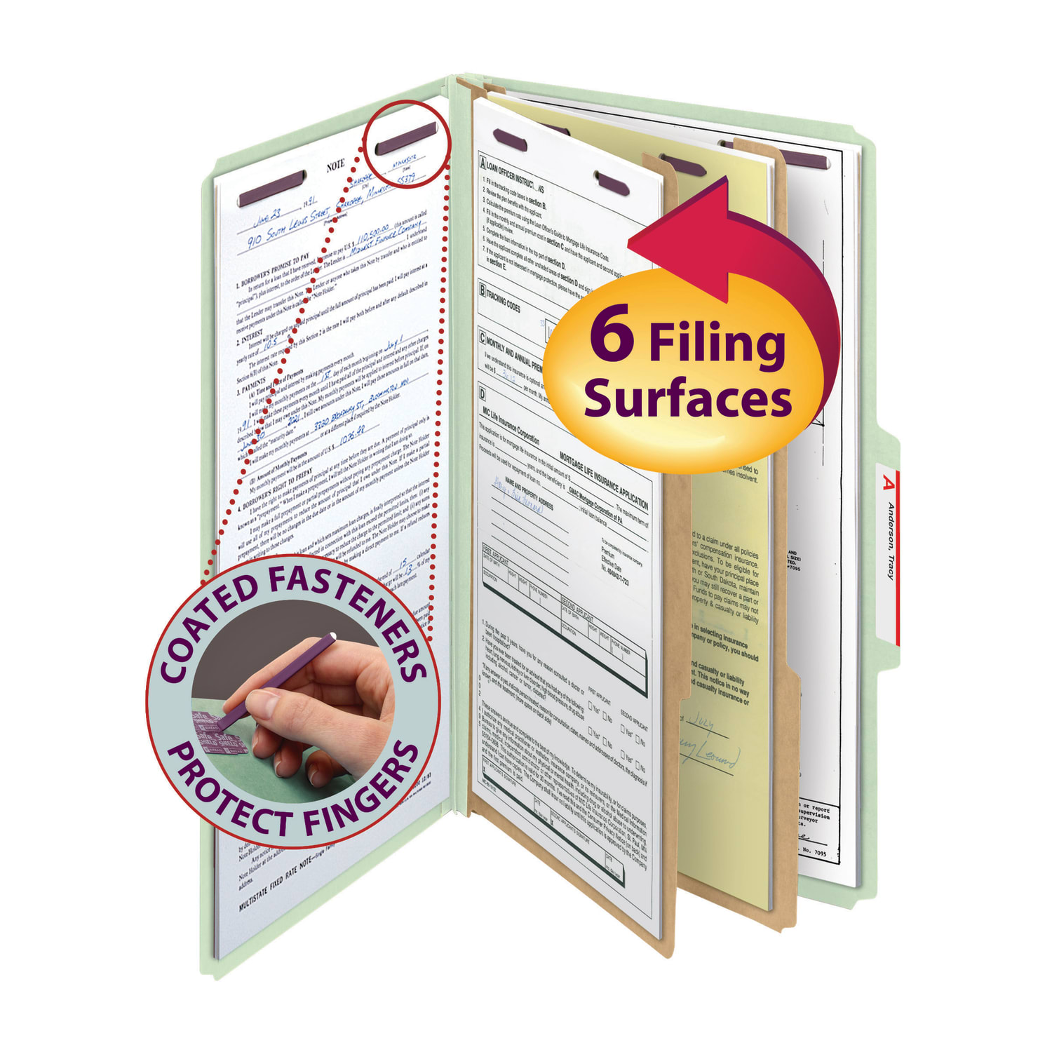 Smead Pressboard Classification Folder With SafeSHIELD Fastener, 2 Dividers, Legal Size, 100% Recycled, Gray/Green - Image 3