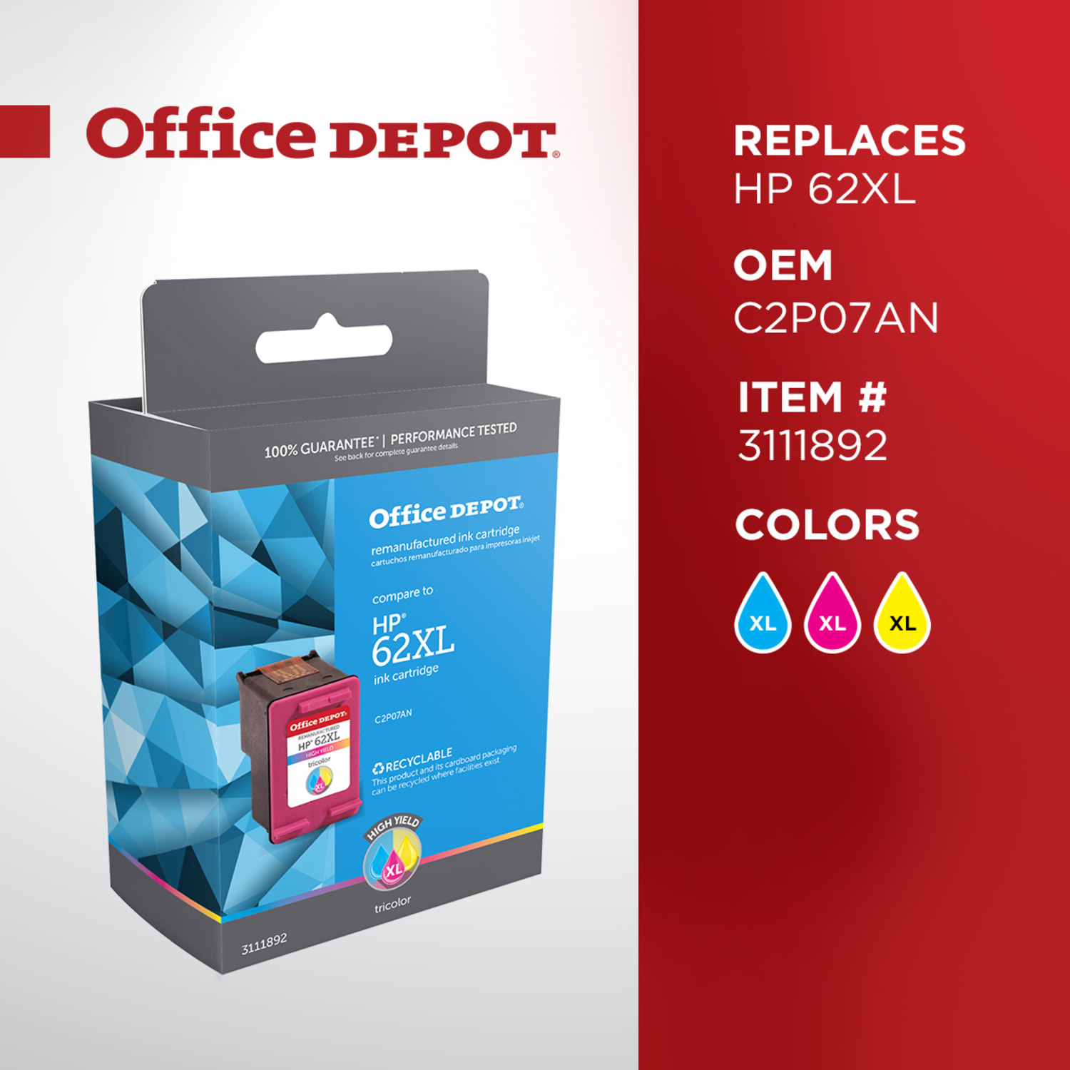 Office Depot Remanufactured Tri-Color High-Yield Ink Cartridge Replacement For HP 62XL - Image 6