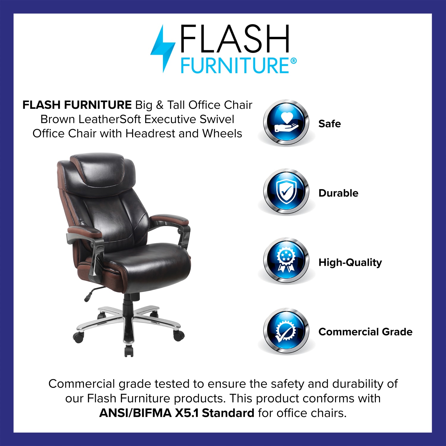 Flash Furniture Hercules Big & Tall Ergonomic LeatherSoft Faux Leather Office Chair With Height-Adjustable Headrest, Brown/Gray - Image 5